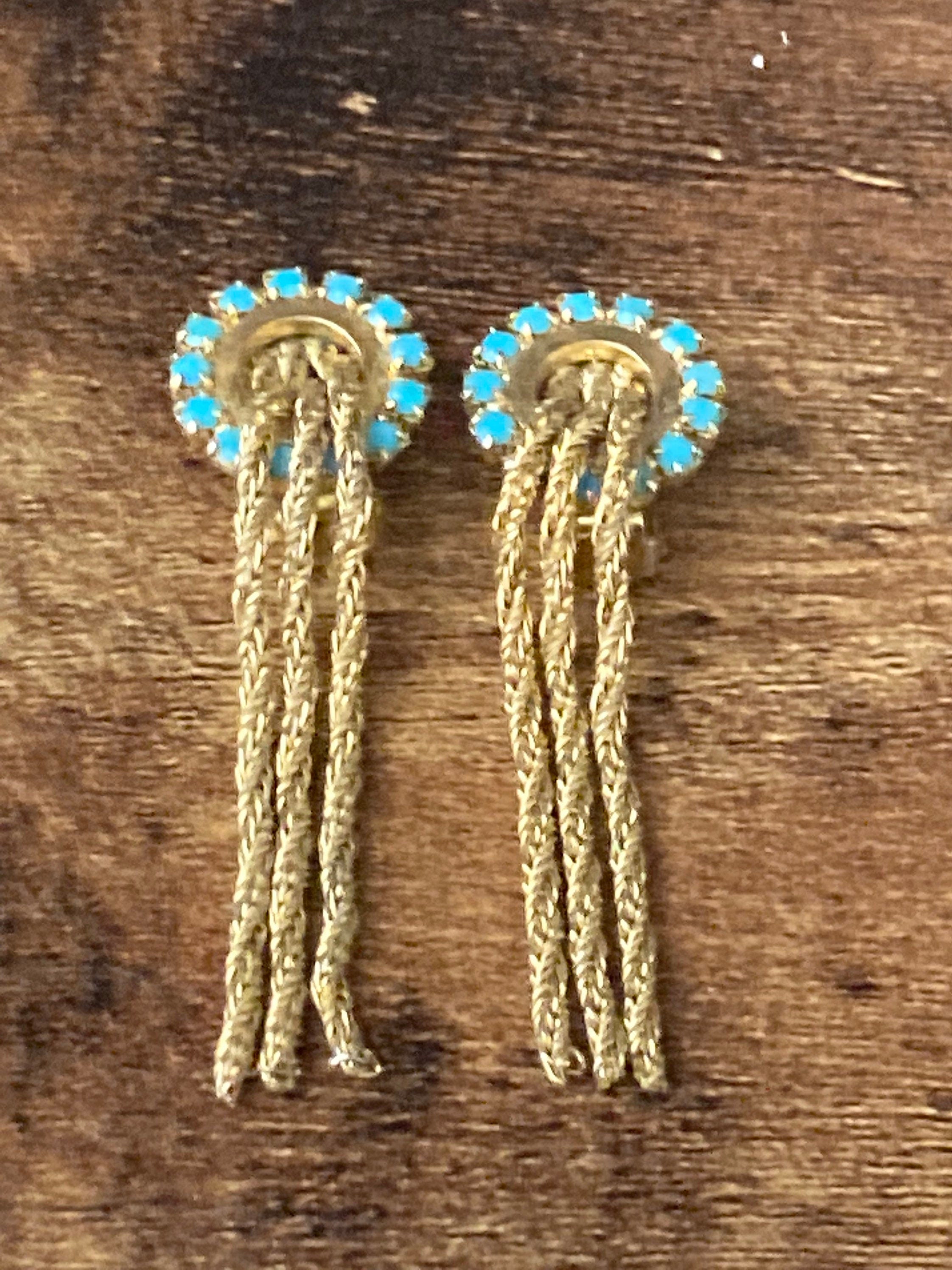 mesh Turquoise glass diamanté paste clip on drop tassel earrings