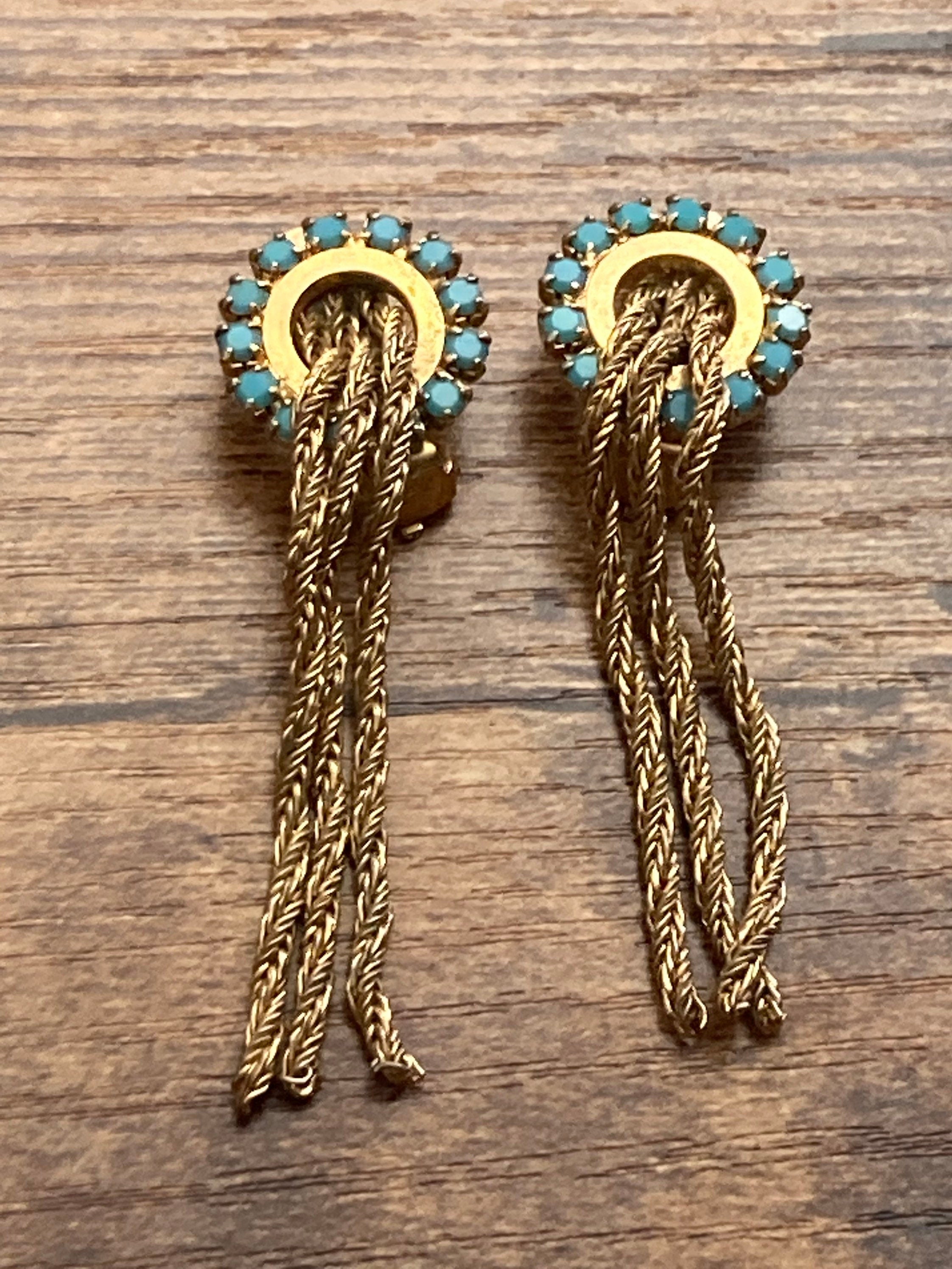 mesh Turquoise glass diamanté paste clip on drop tassel earrings