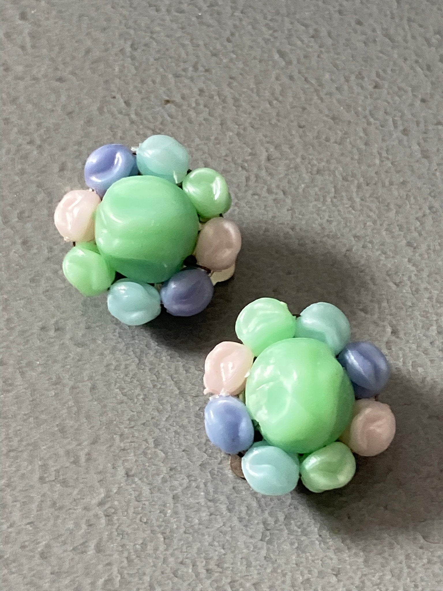 pastel blue white green plastic Cluster Clip On Earrings Vintage 1960s