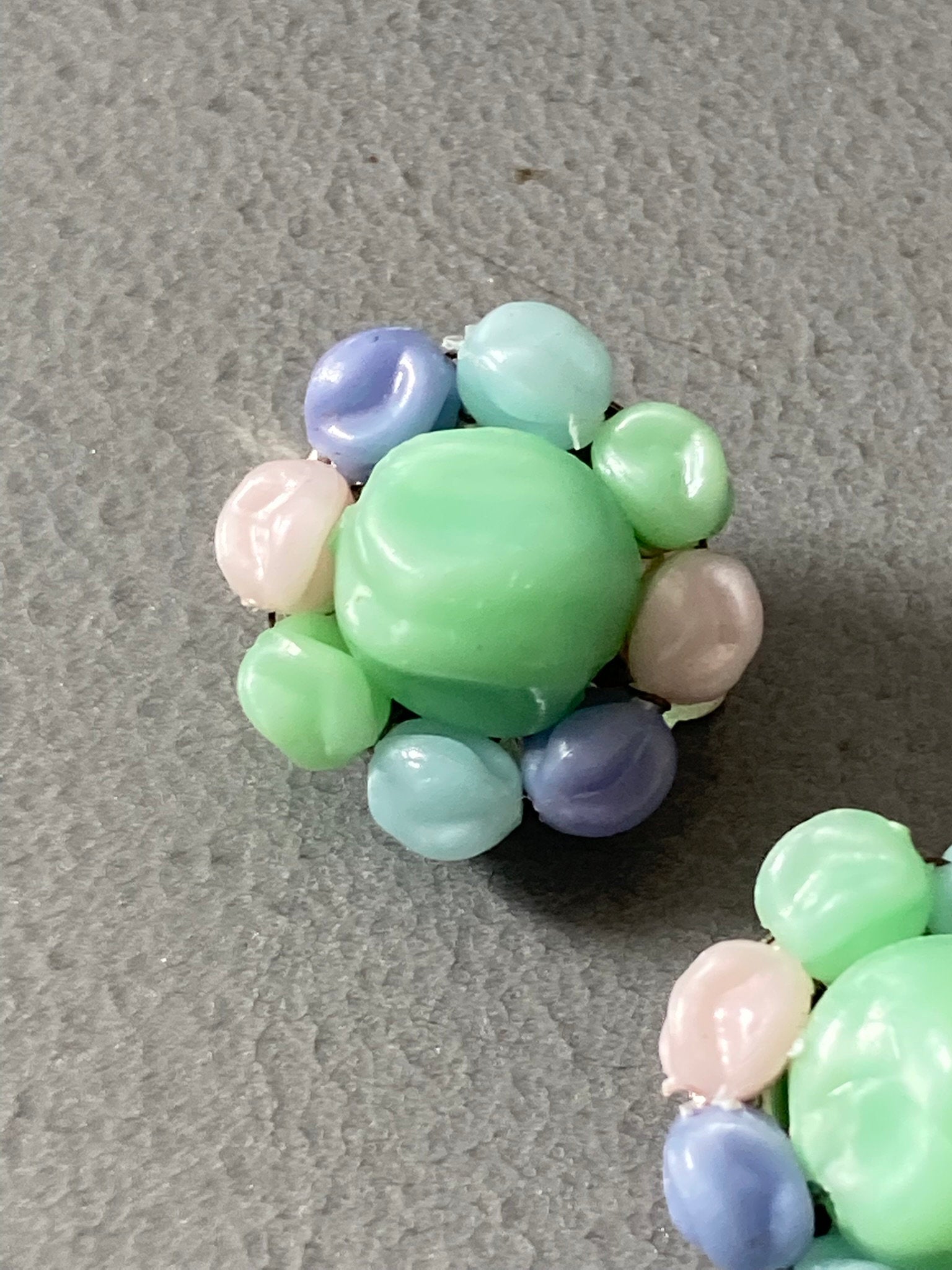 pastel blue white green plastic Cluster Clip On Earrings Vintage 1960s