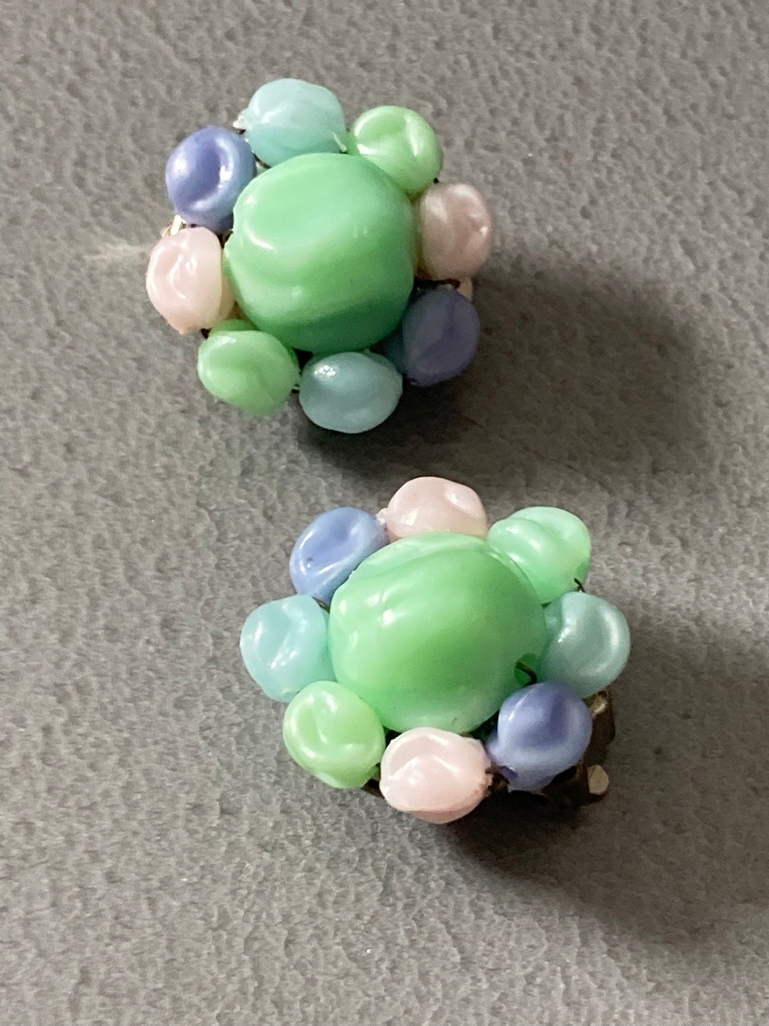 pastel blue white green plastic Cluster Clip On Earrings Vintage 1960s