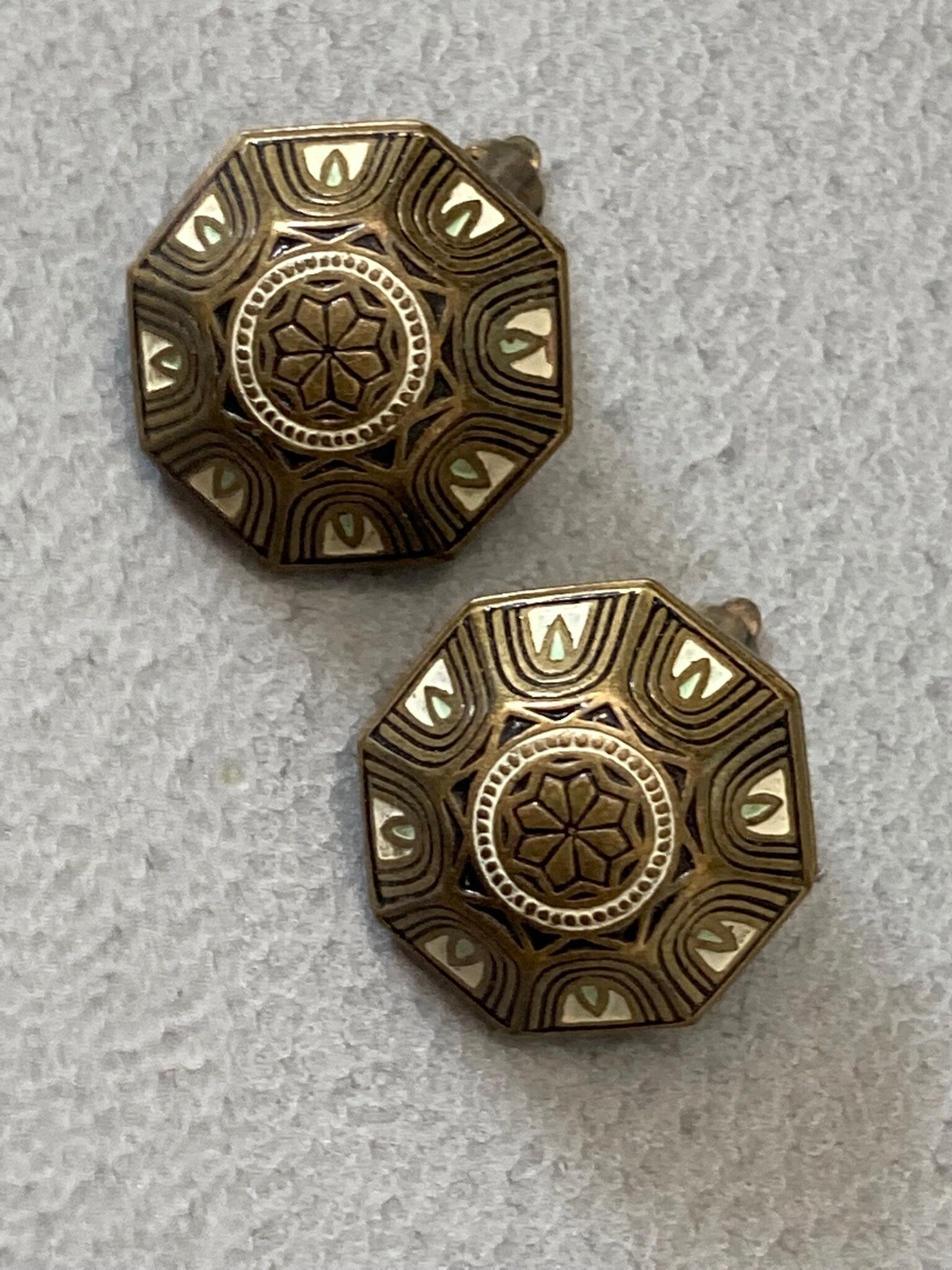damascene or Toledo black gold clip on earrings shakudo ear clips Etruscan 1940s