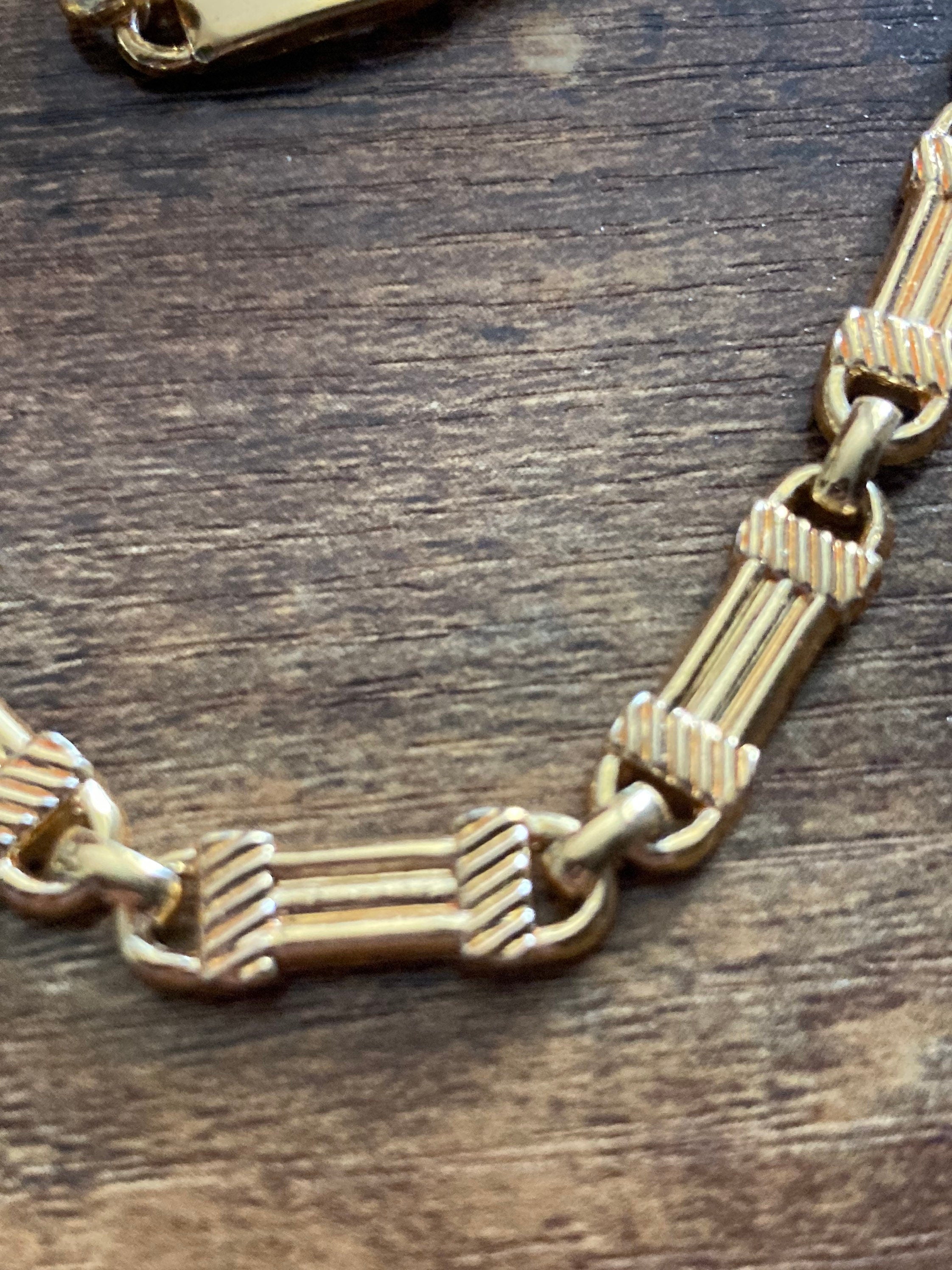 Vintage gold tone plated ornate bar fancy link chain necklace