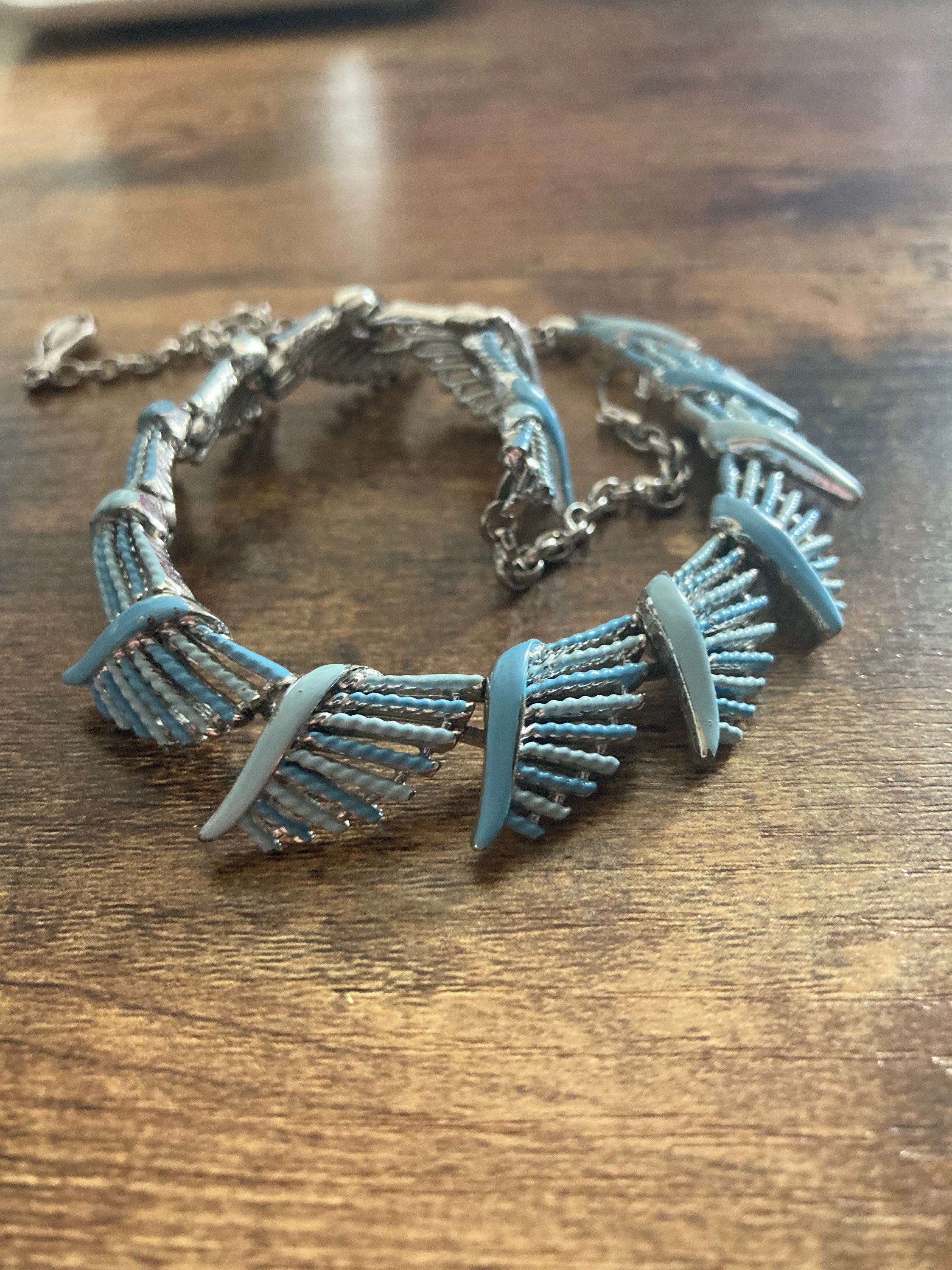 Soft baby blue enamelled vintage panel link textured floral Necklace silver tone