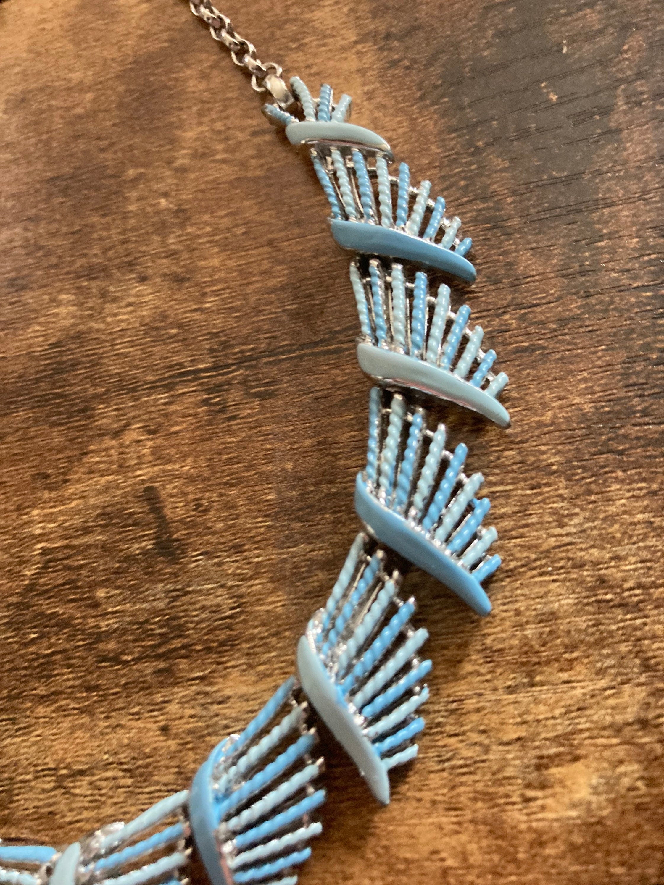 Soft baby blue enamelled vintage panel link textured floral Necklace silver tone