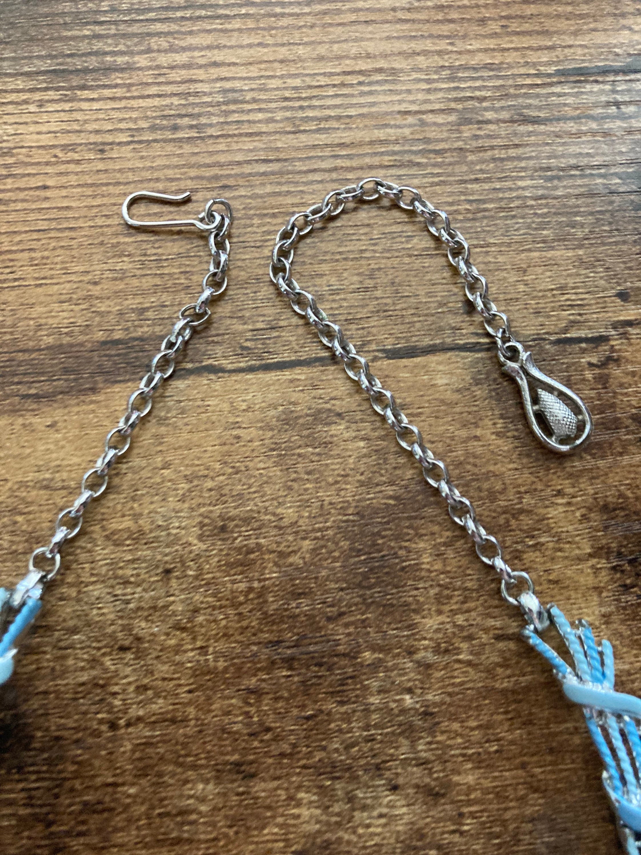 Soft baby blue enamelled vintage panel link textured floral Necklace silver tone