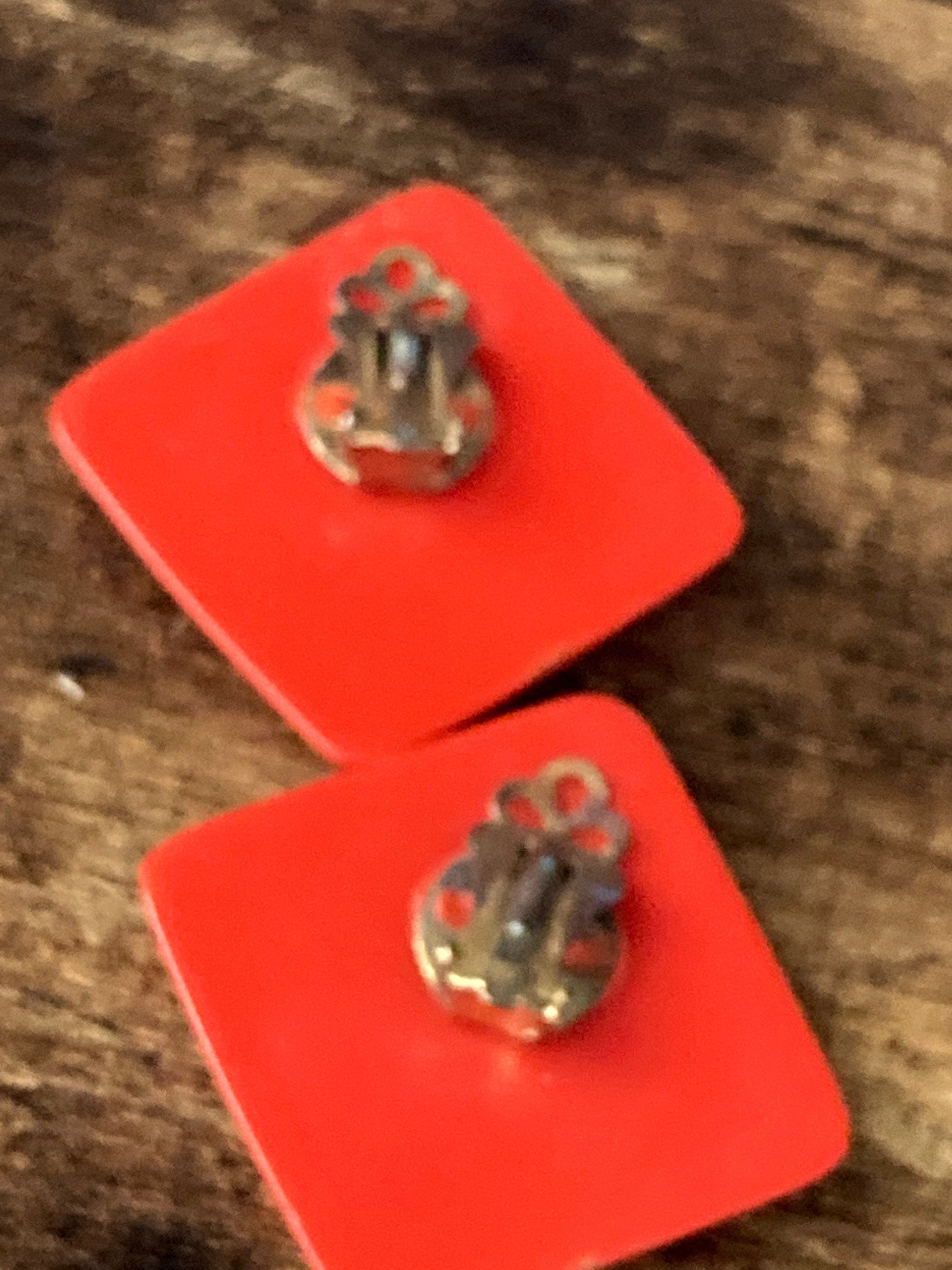 plastic oversized XL gold tone red square clip on power dress earrings