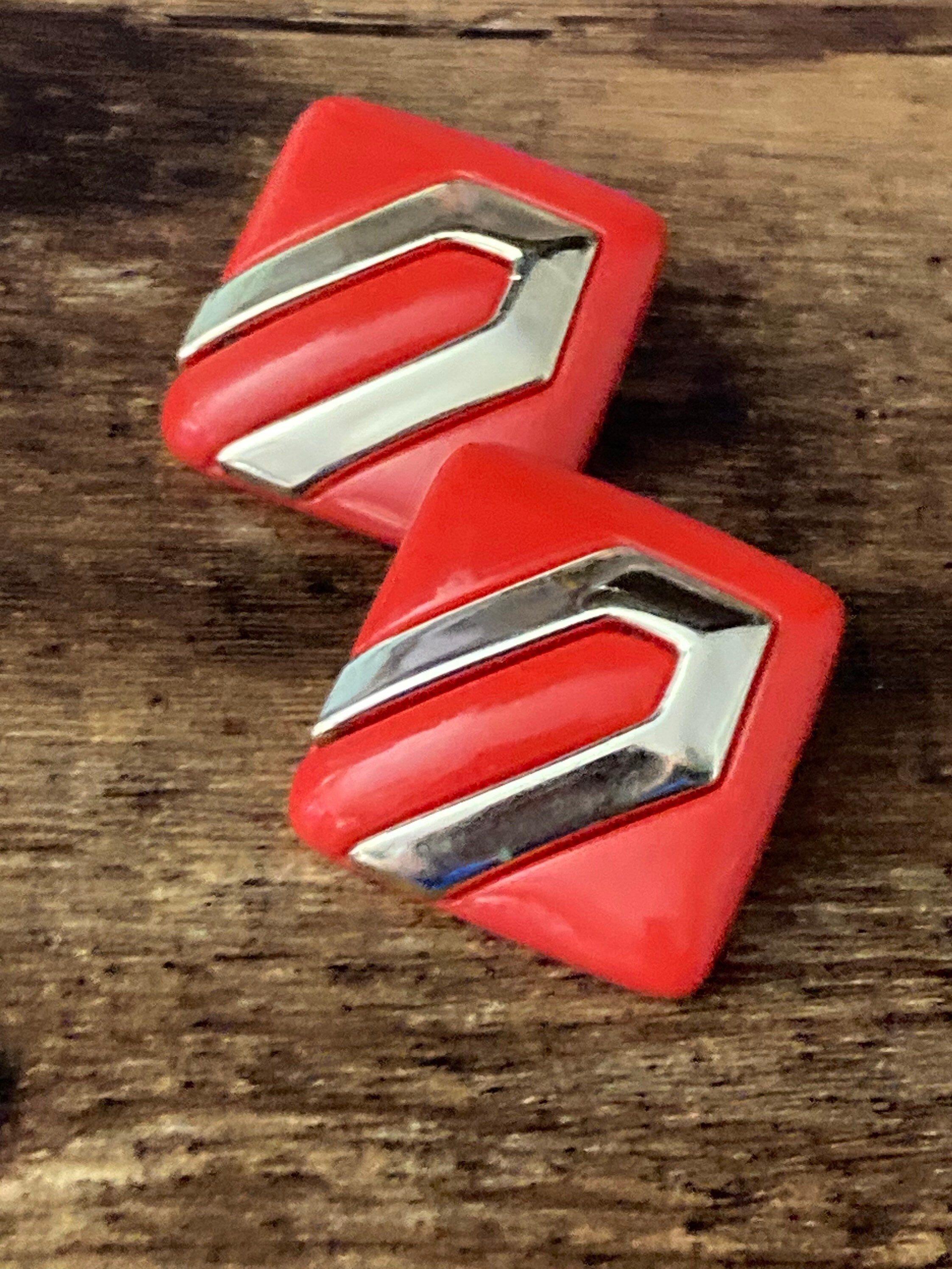 plastic oversized XL gold tone red square clip on power dress earrings