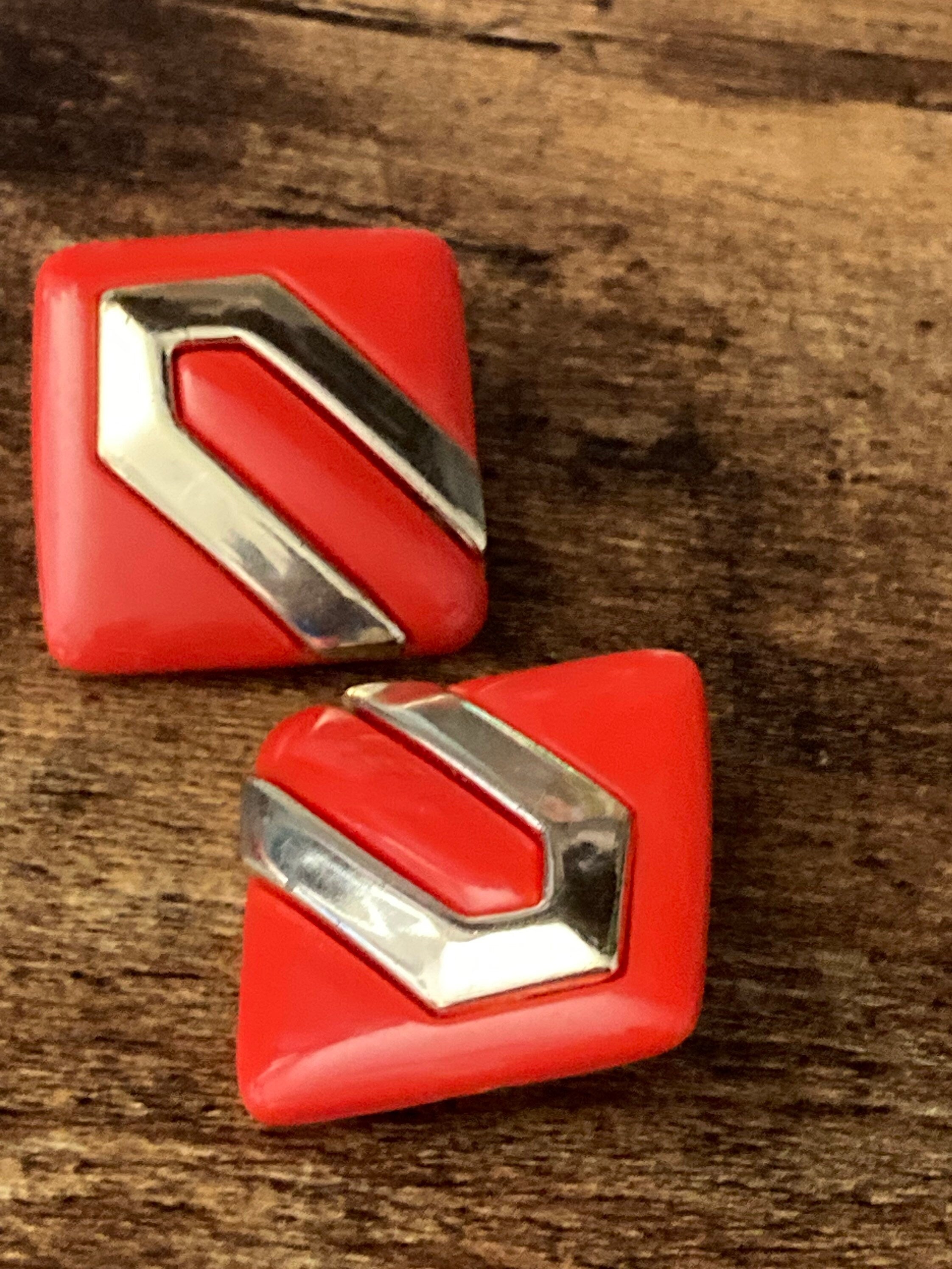plastic oversized XL gold tone red square clip on power dress earrings