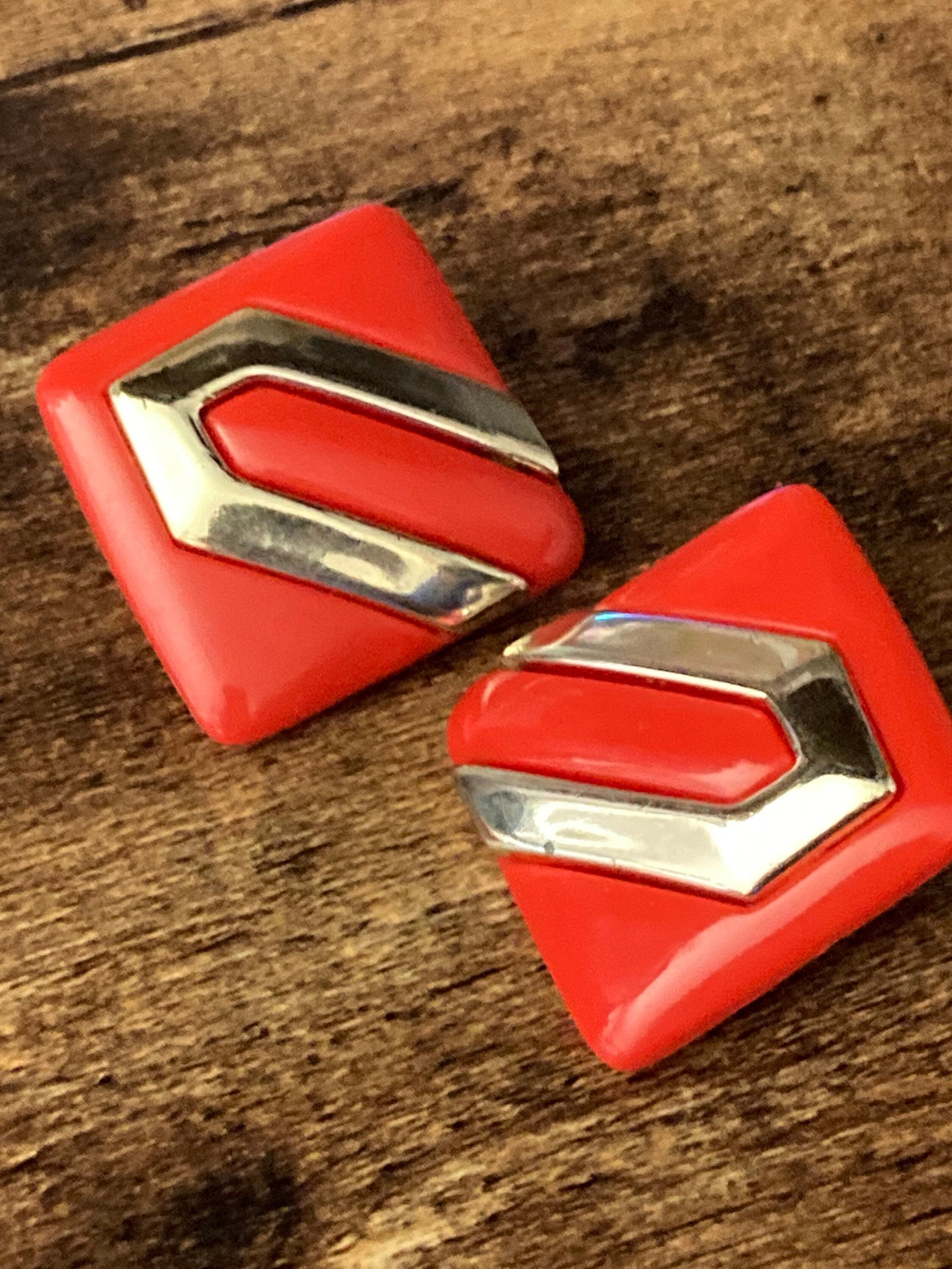 plastic oversized XL gold tone red square clip on power dress earrings
