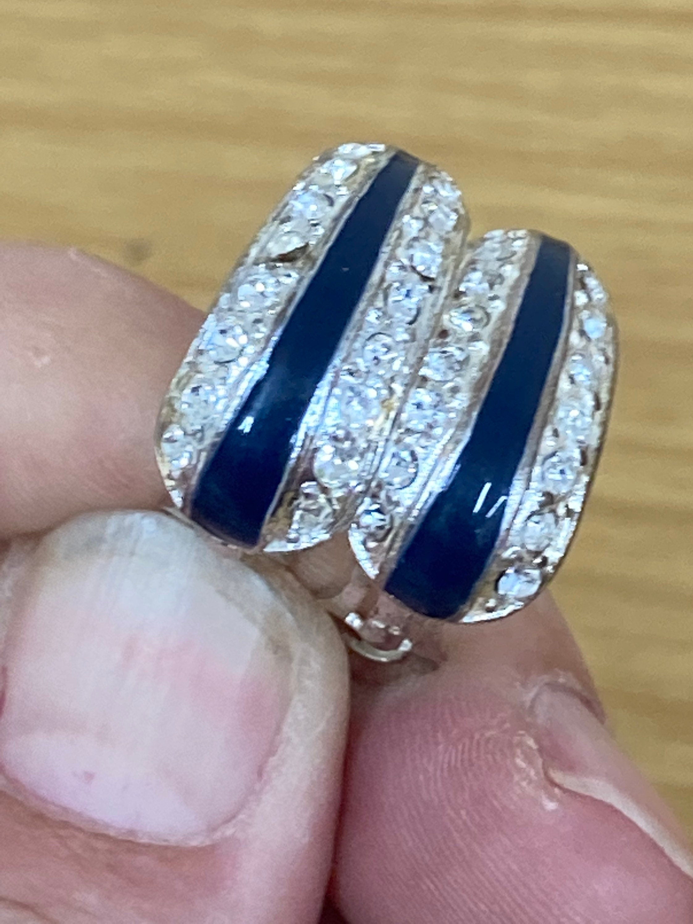 Dark navy blue enamel clear diamanté Vintage Clip On Stud Earrings