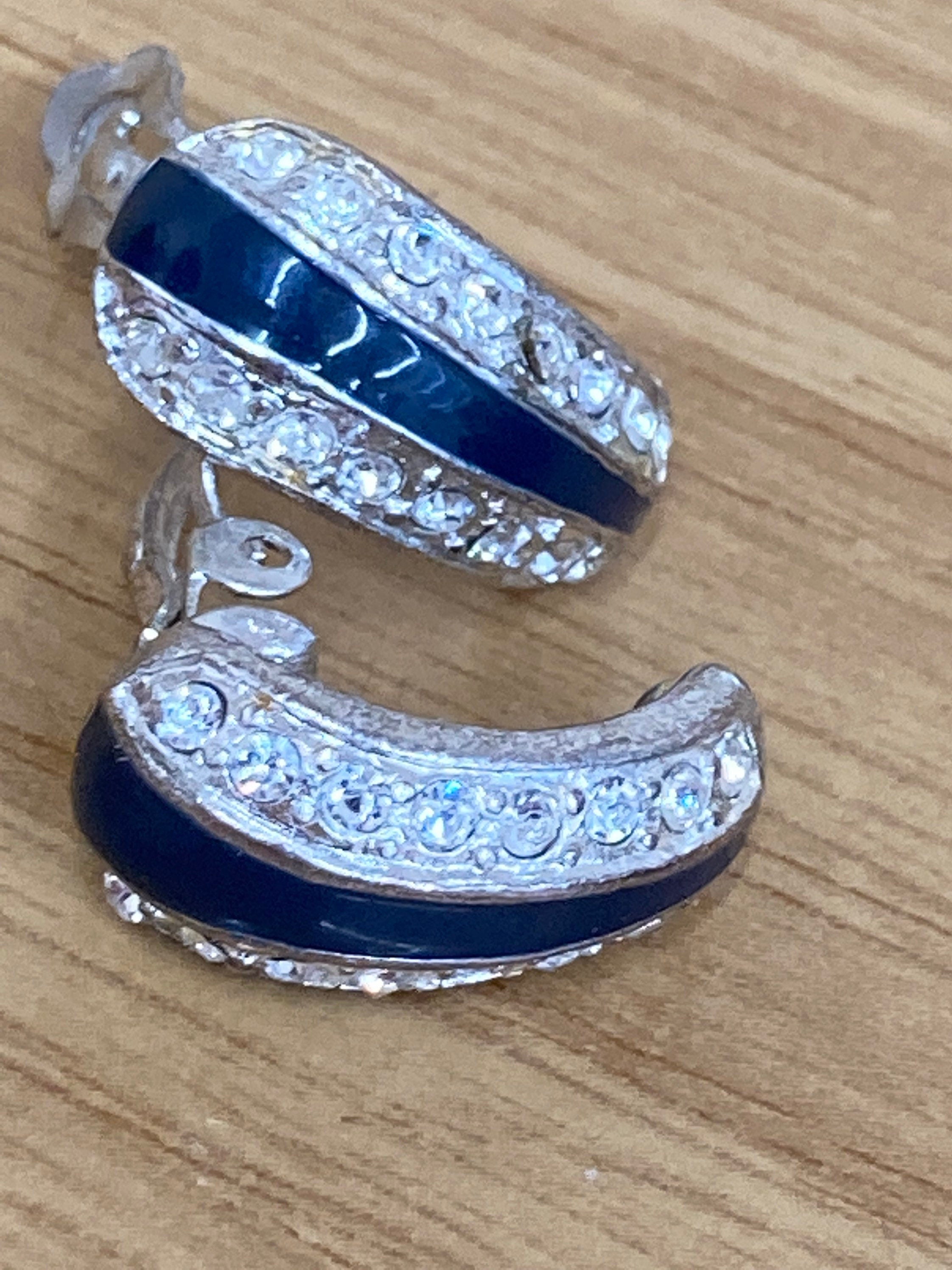 Dark navy blue enamel clear diamanté Vintage Clip On Stud Earrings
