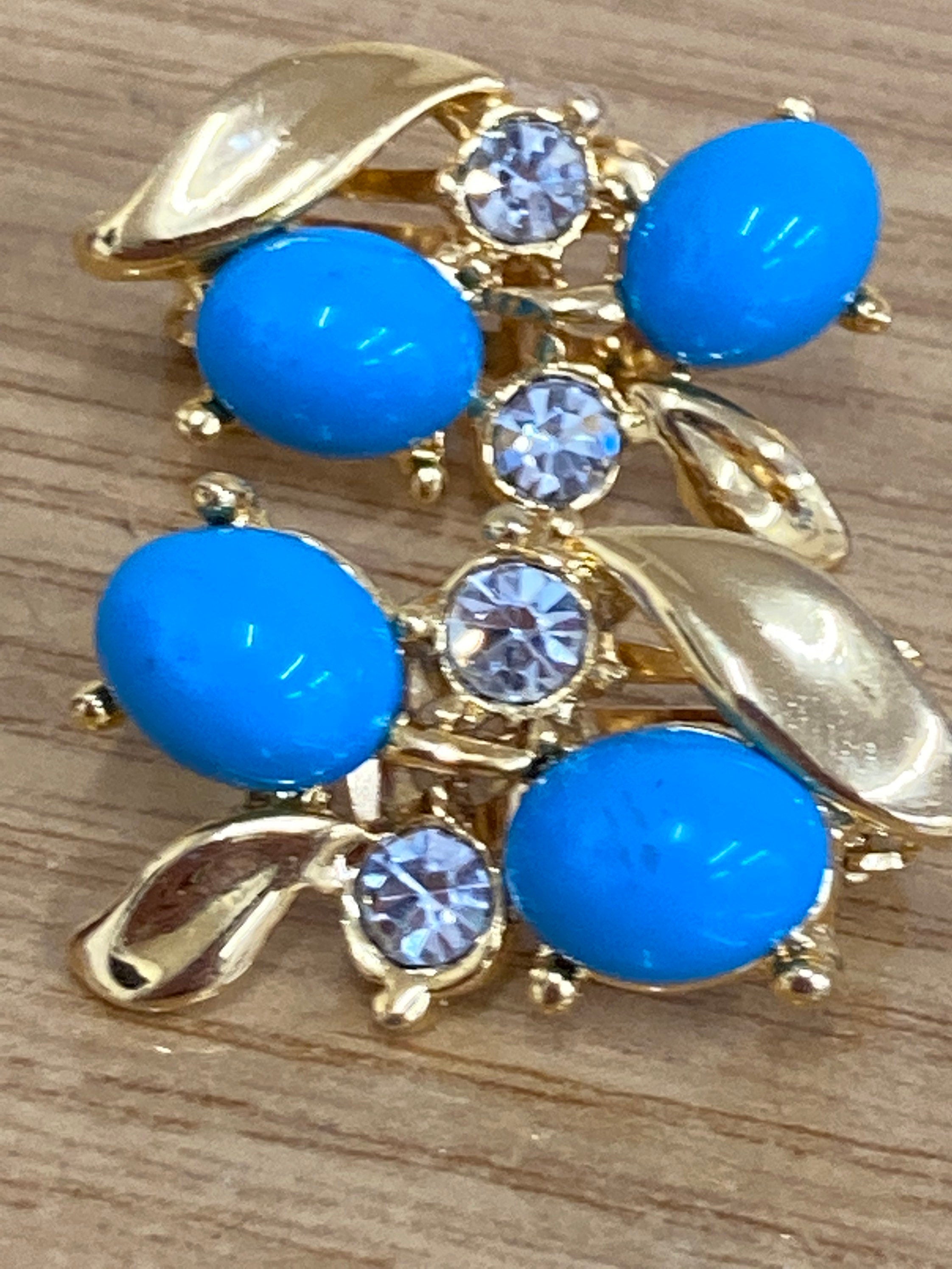 gold tone Turquoise glass diamanté paste rhinestone gem set clip on modernist earrings