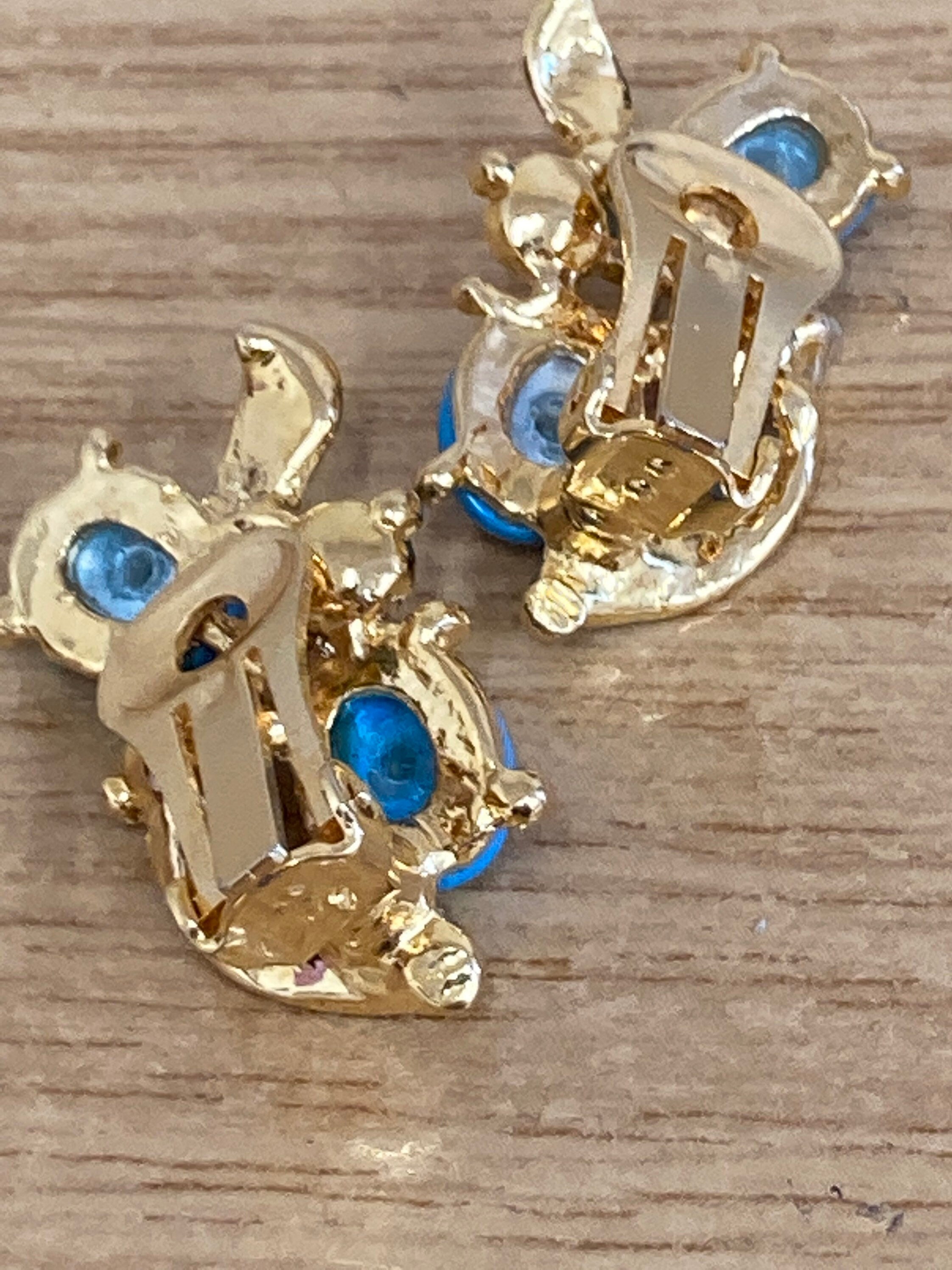 gold tone Turquoise glass diamanté paste rhinestone gem set clip on modernist earrings
