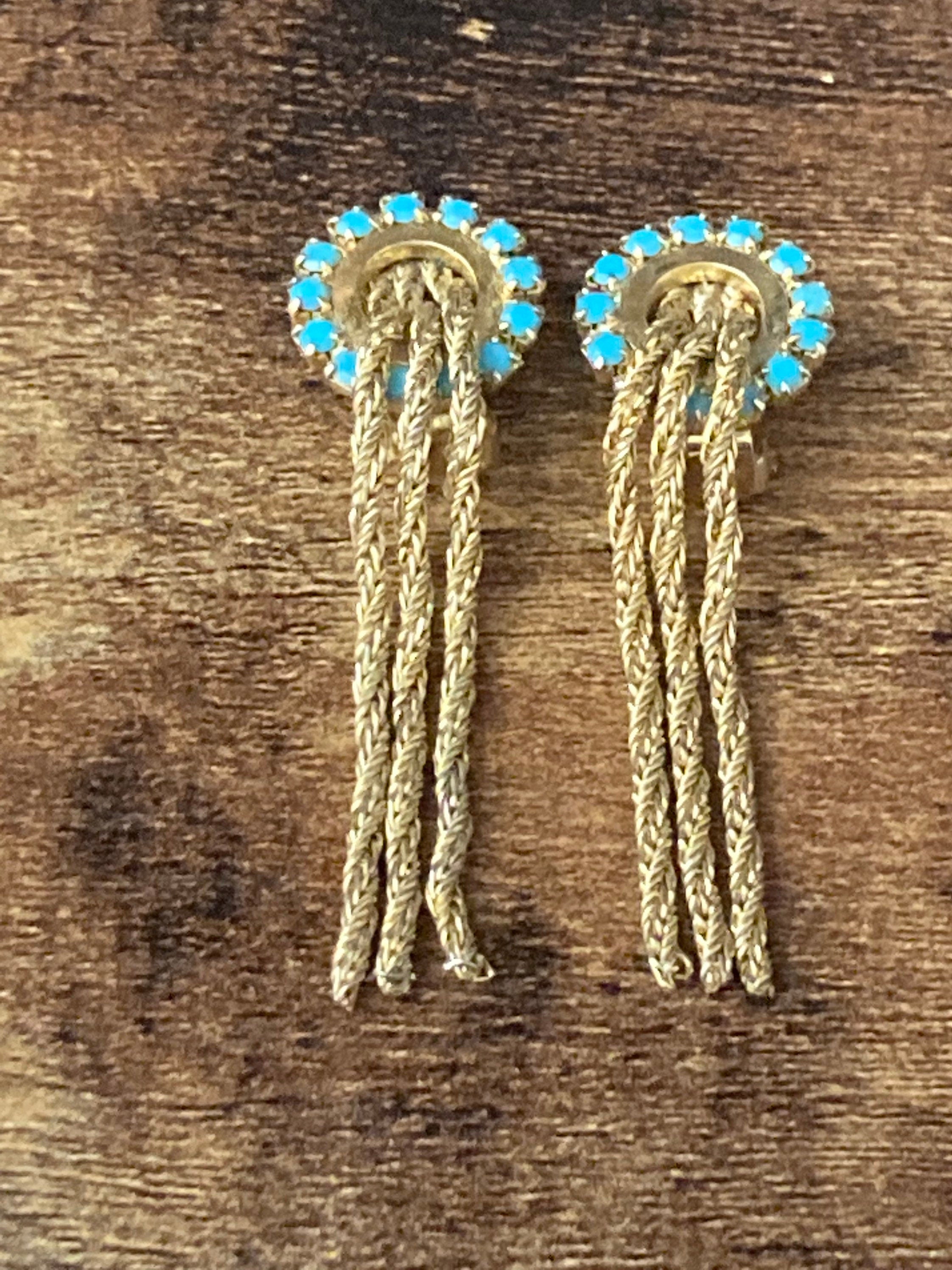 mesh Turquoise glass diamanté paste clip on drop tassel earrings