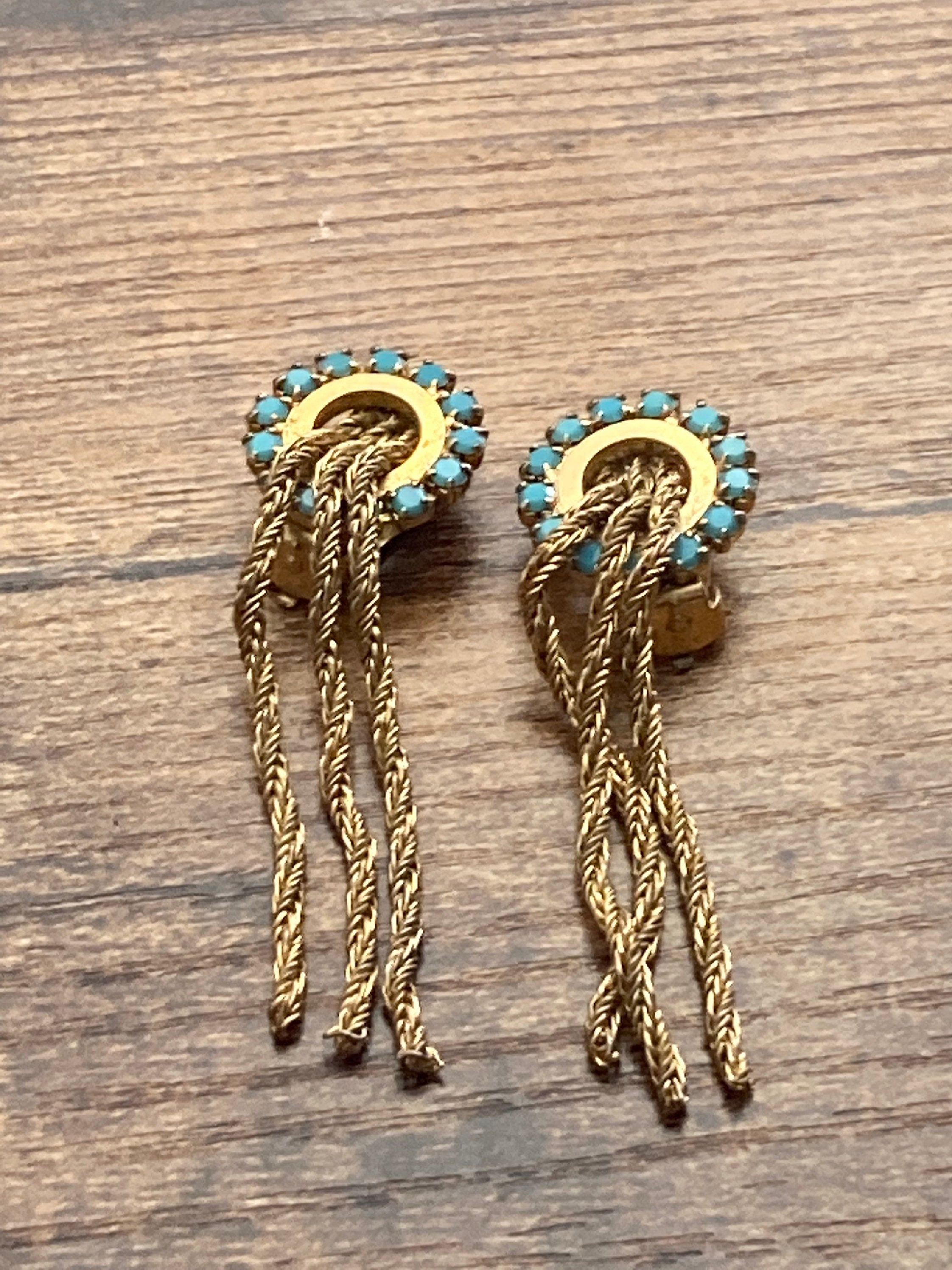 mesh Turquoise glass diamanté paste clip on drop tassel earrings