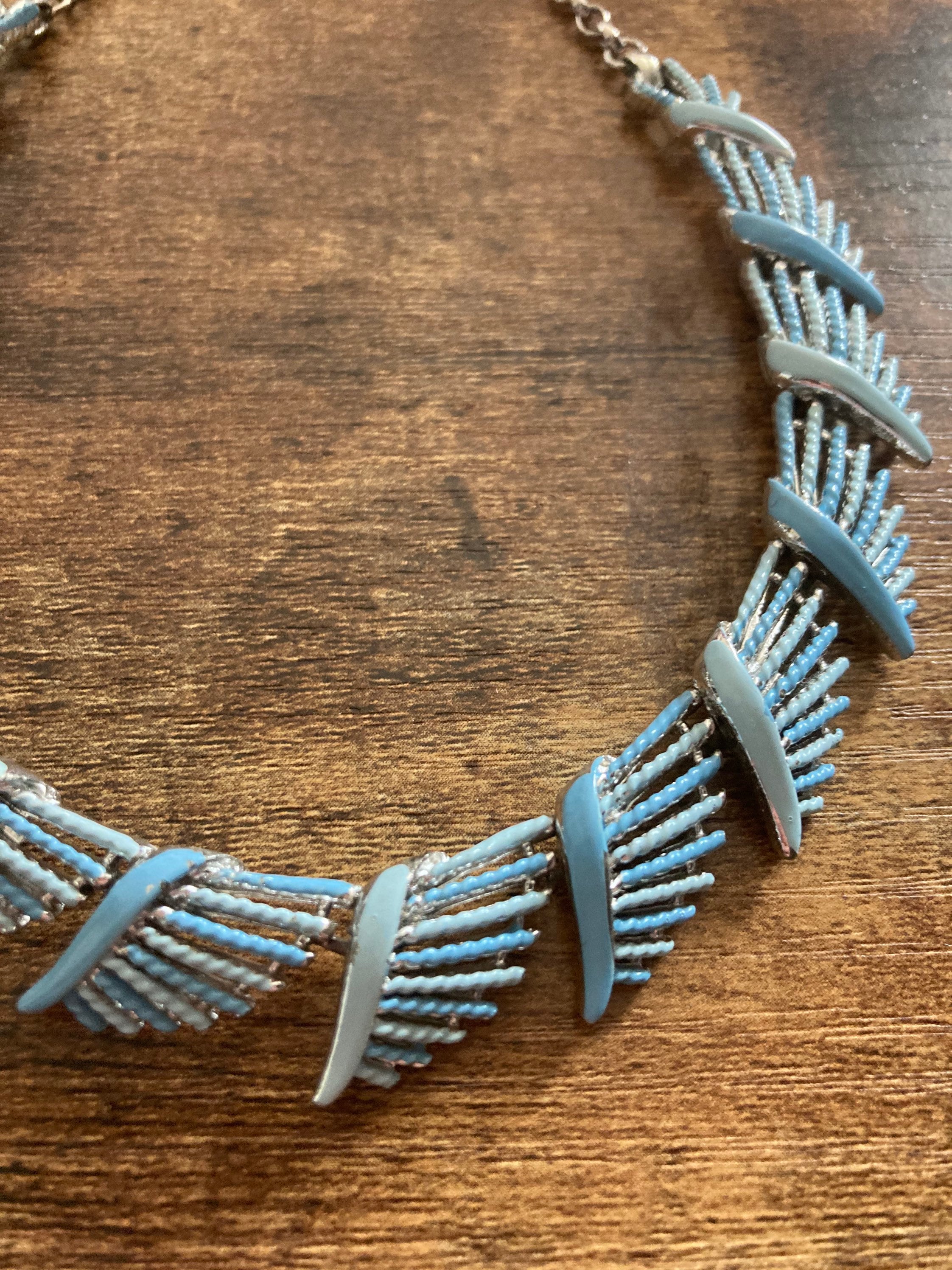 Soft baby blue enamelled vintage panel link textured floral Necklace silver tone