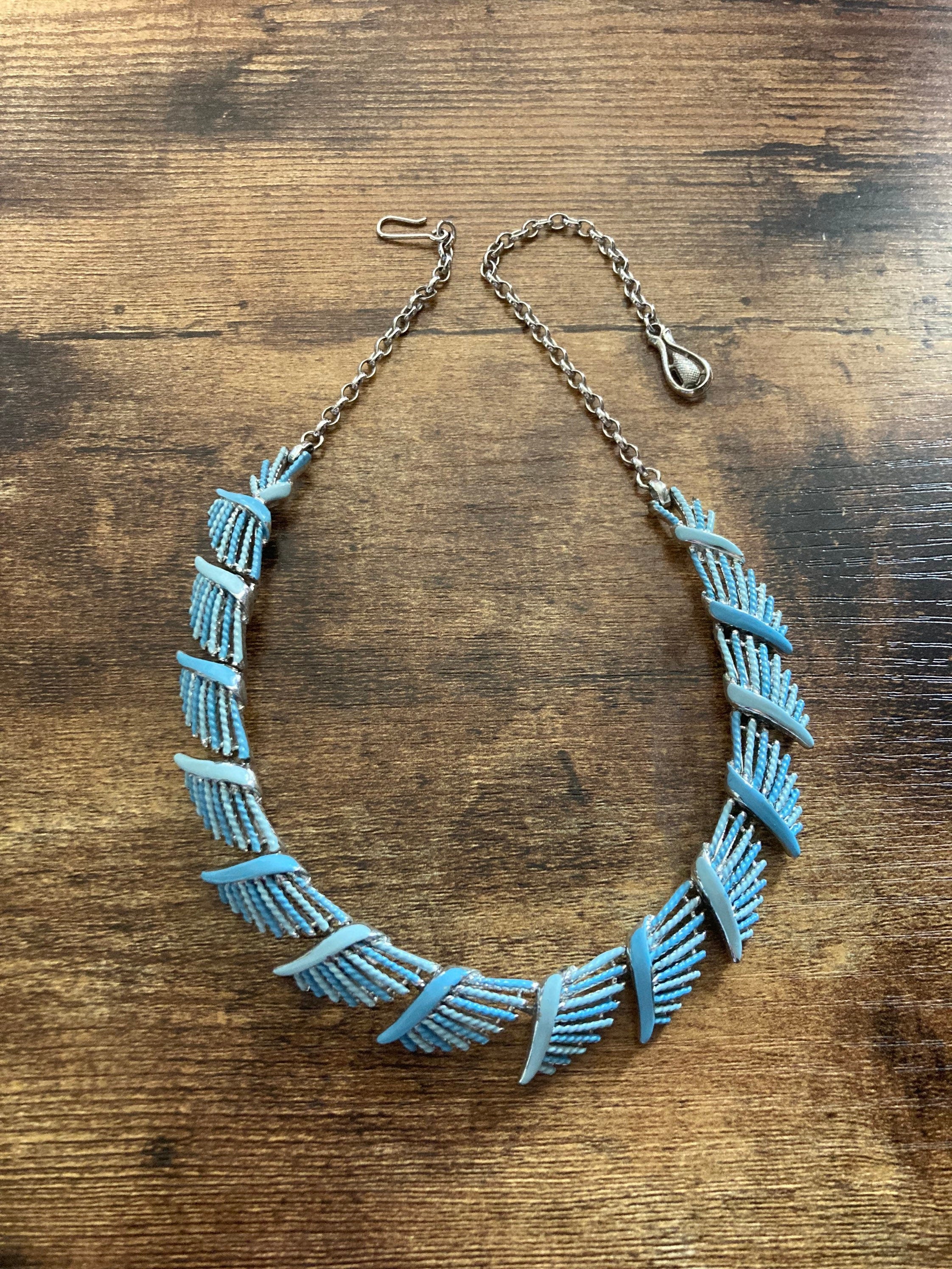 Soft baby blue enamelled vintage panel link textured floral Necklace silver tone