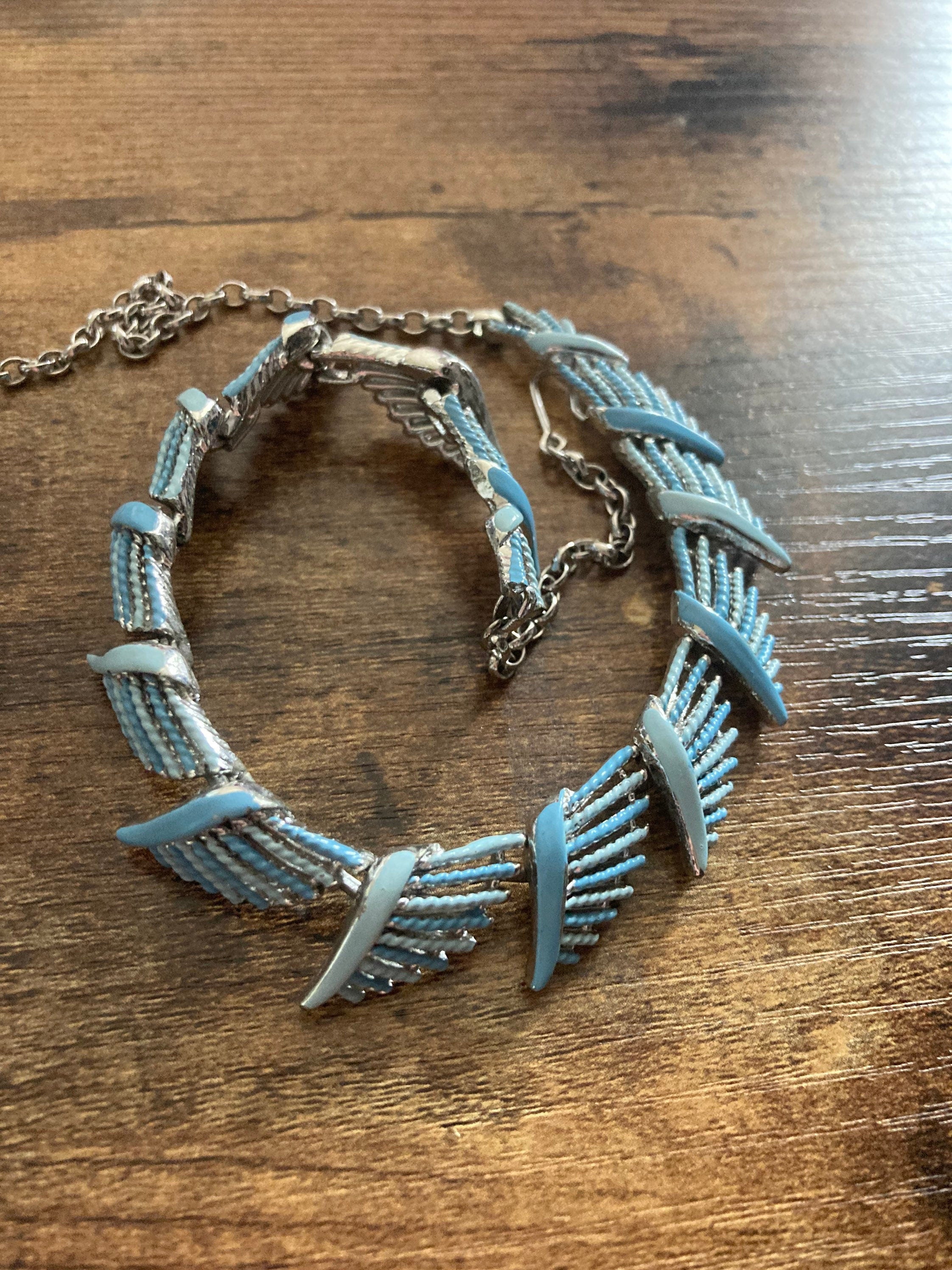 Soft baby blue enamelled vintage panel link textured floral Necklace silver tone