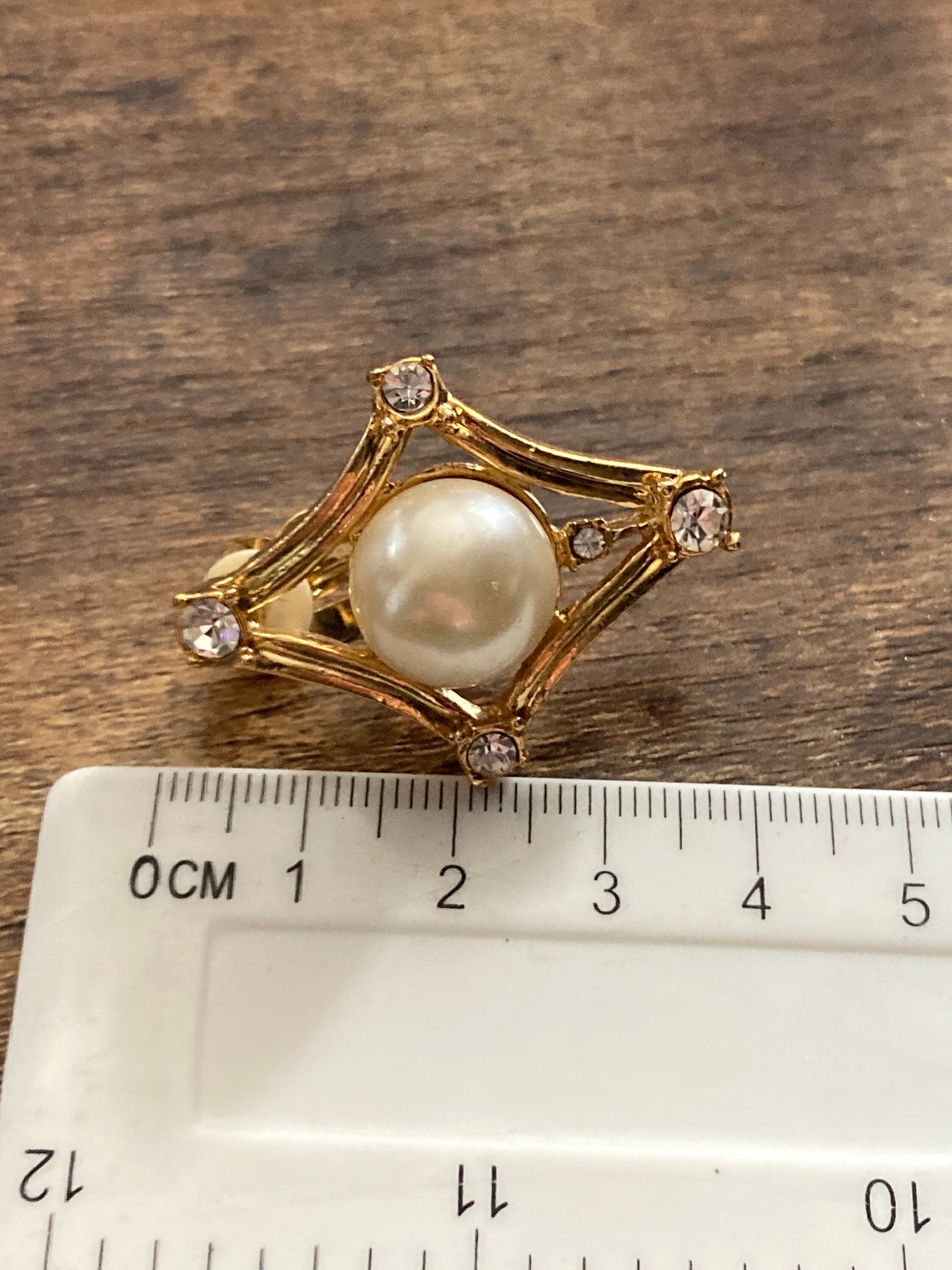 Oversized gold tone large clip on diamanté earrings faux cream pearl cabuchon 1980s