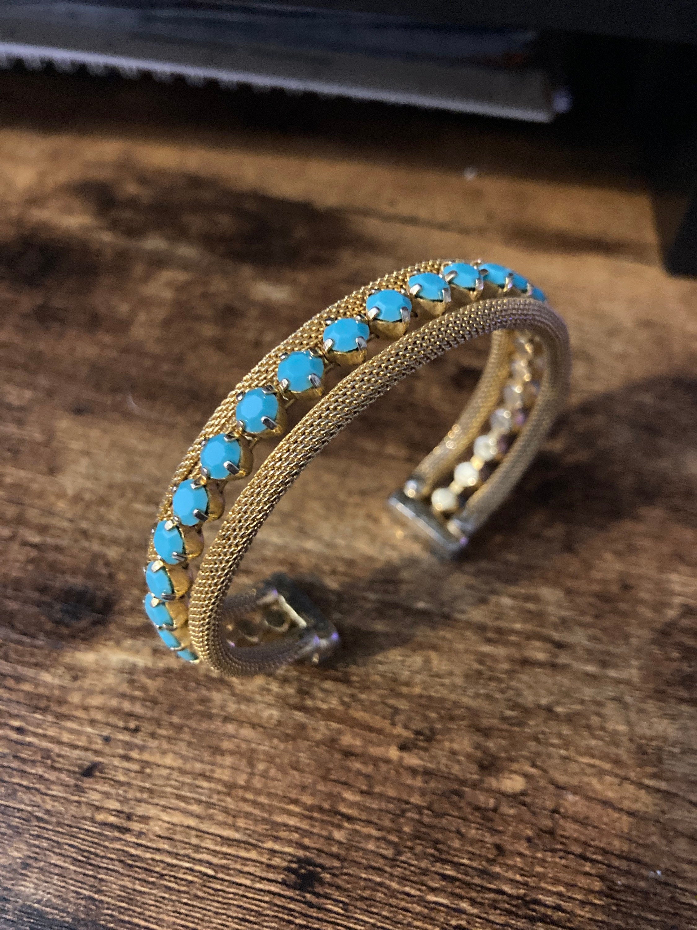 gold tone mesh cuff bracelet with turquoise blue paste