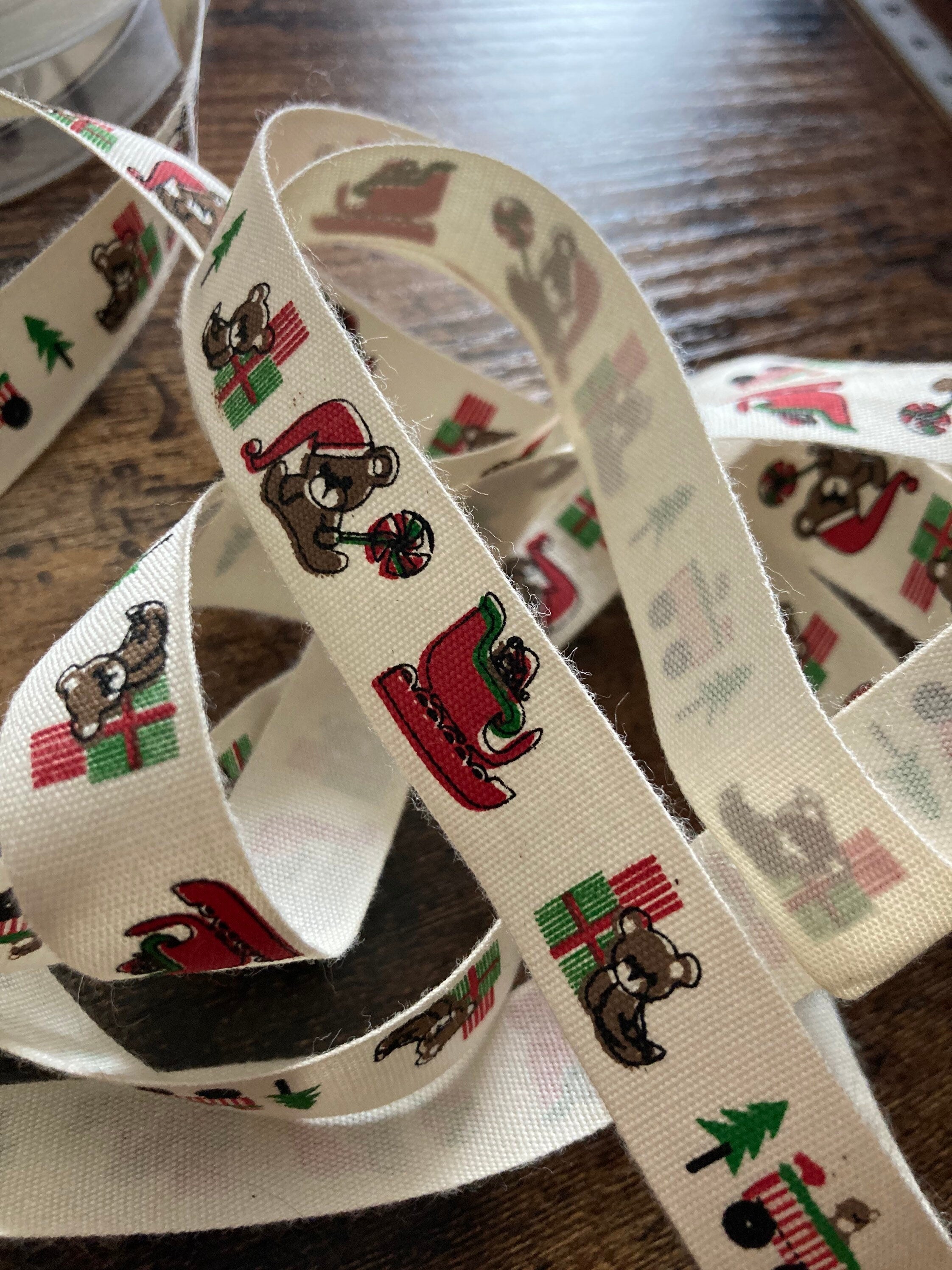 50cm of 15mm cream natural cotton ribbon traditional Christmas Santa toy print