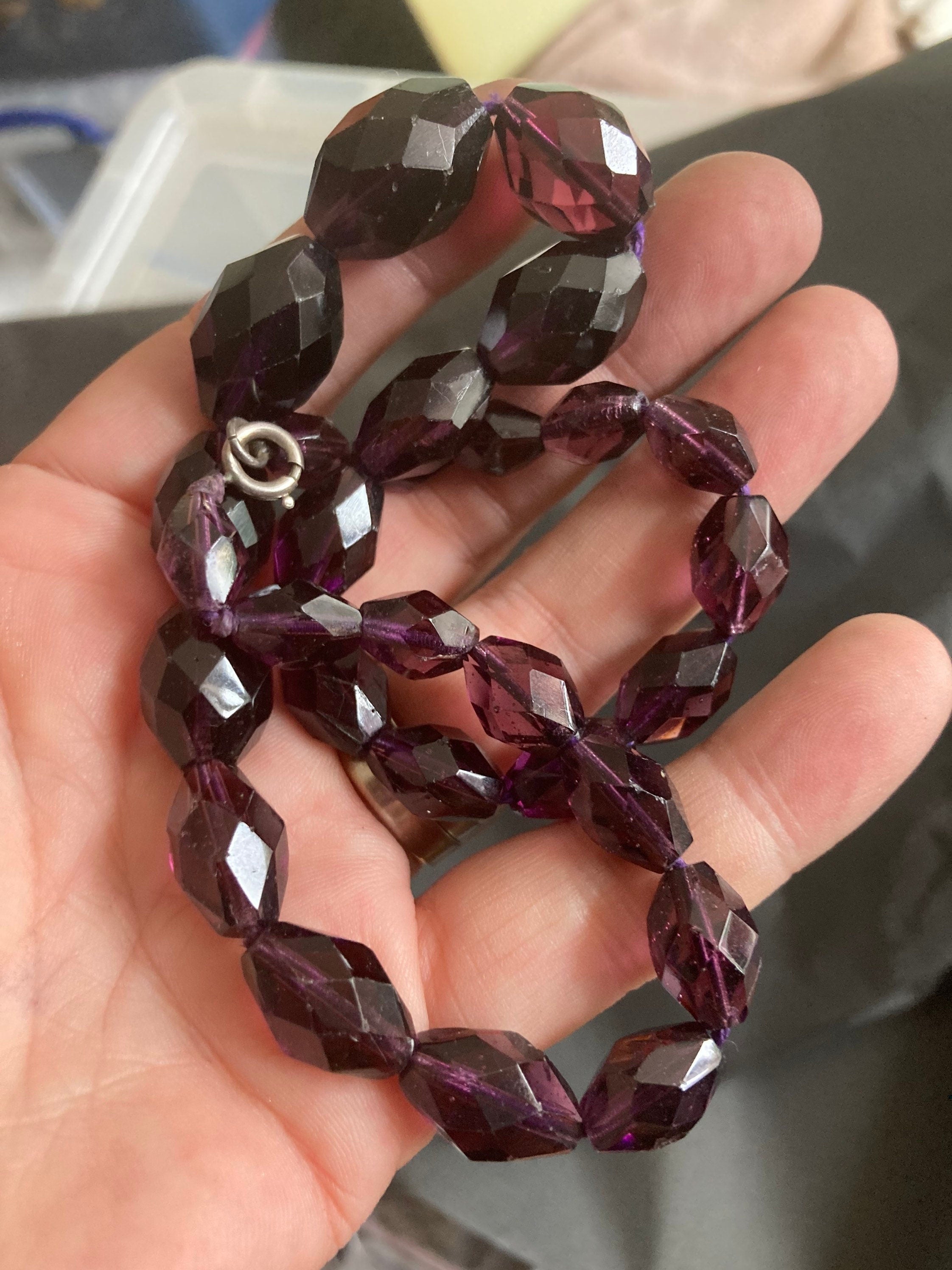 Vintage dark purple amethyst cut glass bicone beaded necklace 45cm