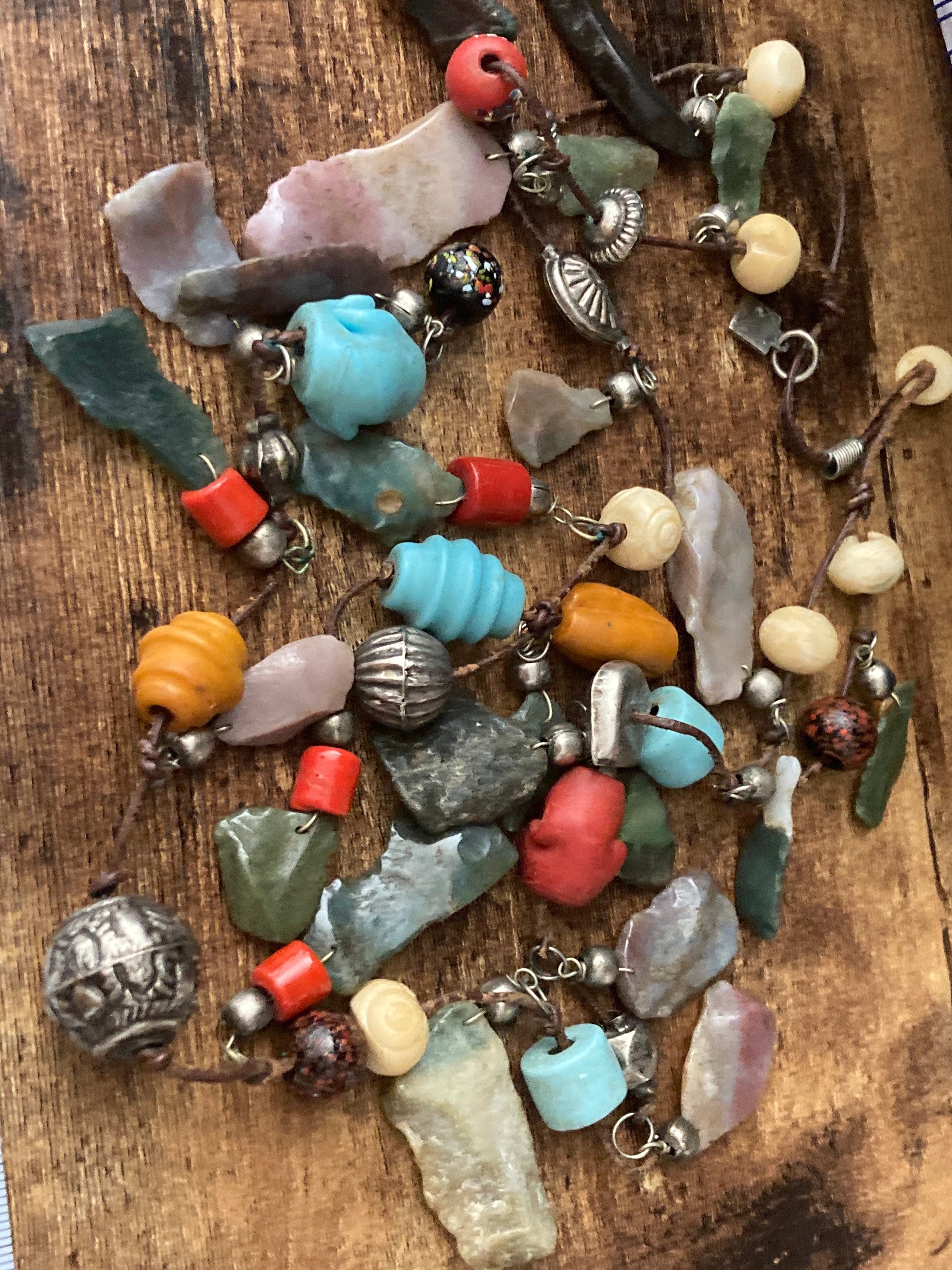 Signed MARC LABAT designer bib necklace set with rough cut gemstones