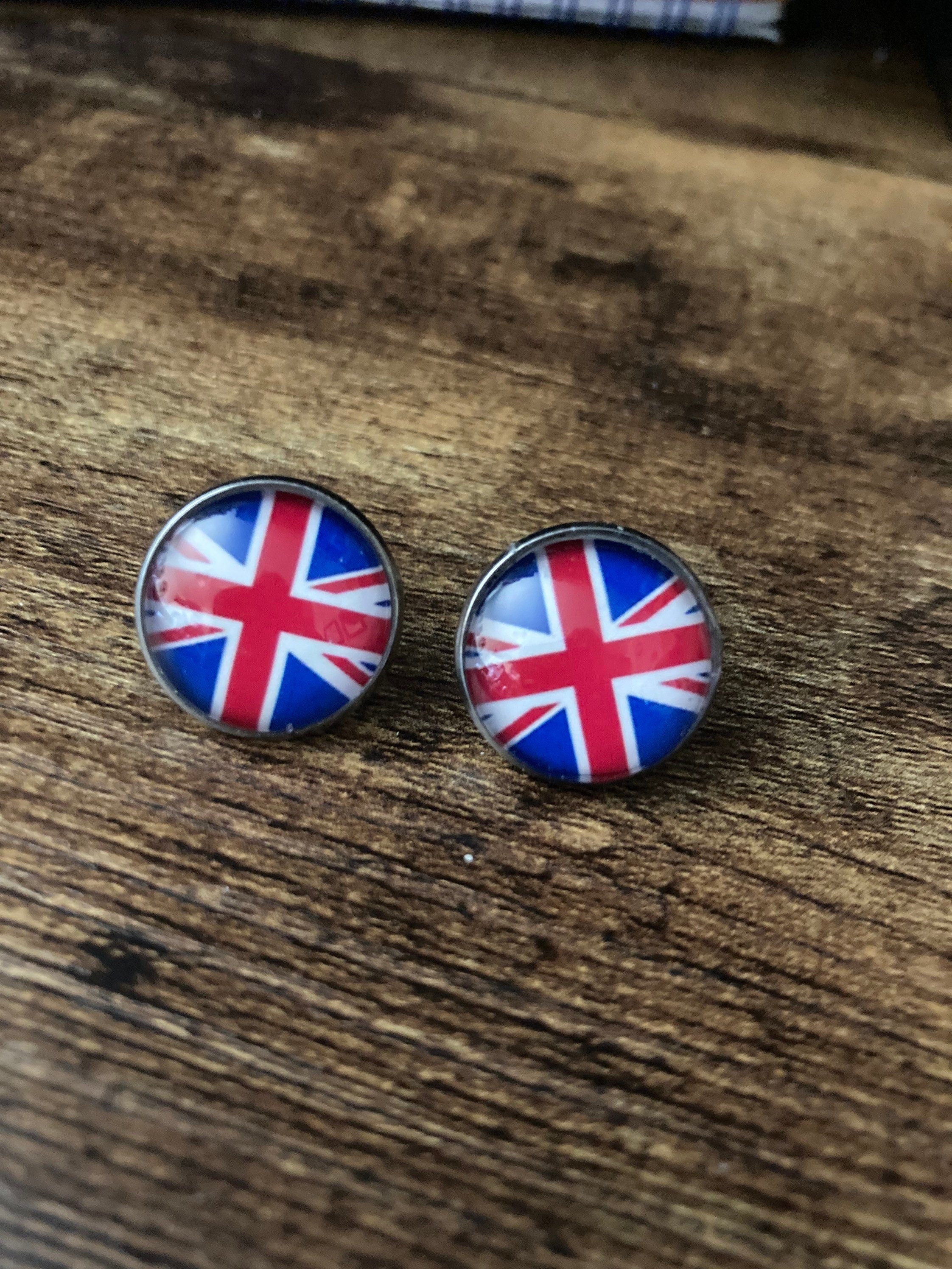 clip on Union Jack earrings round silver tone clip on studs glass cabochons