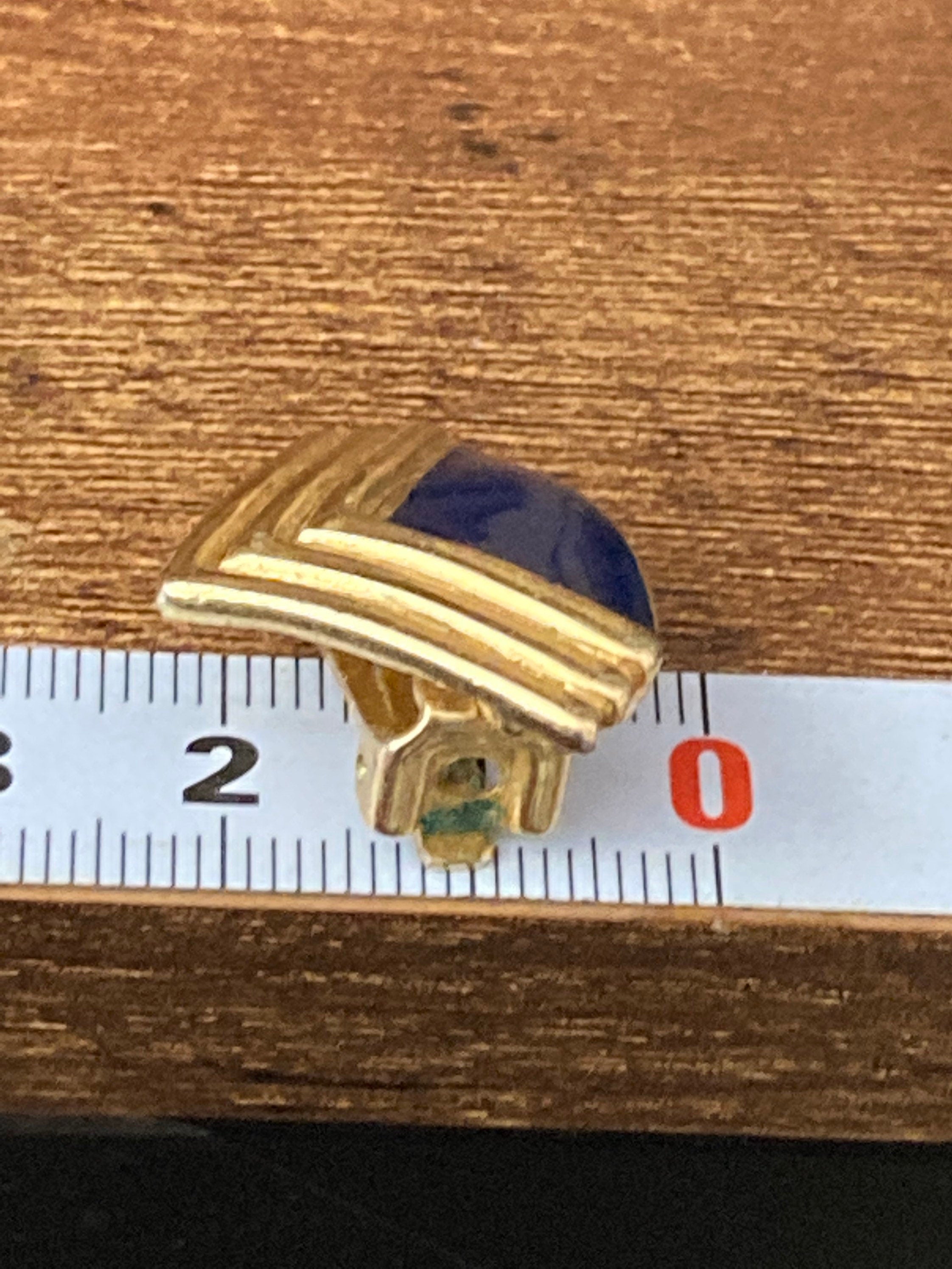 Vintage 1980s Navy blue enamel fan shaped Clip On round Gold Tone Stud Earrings