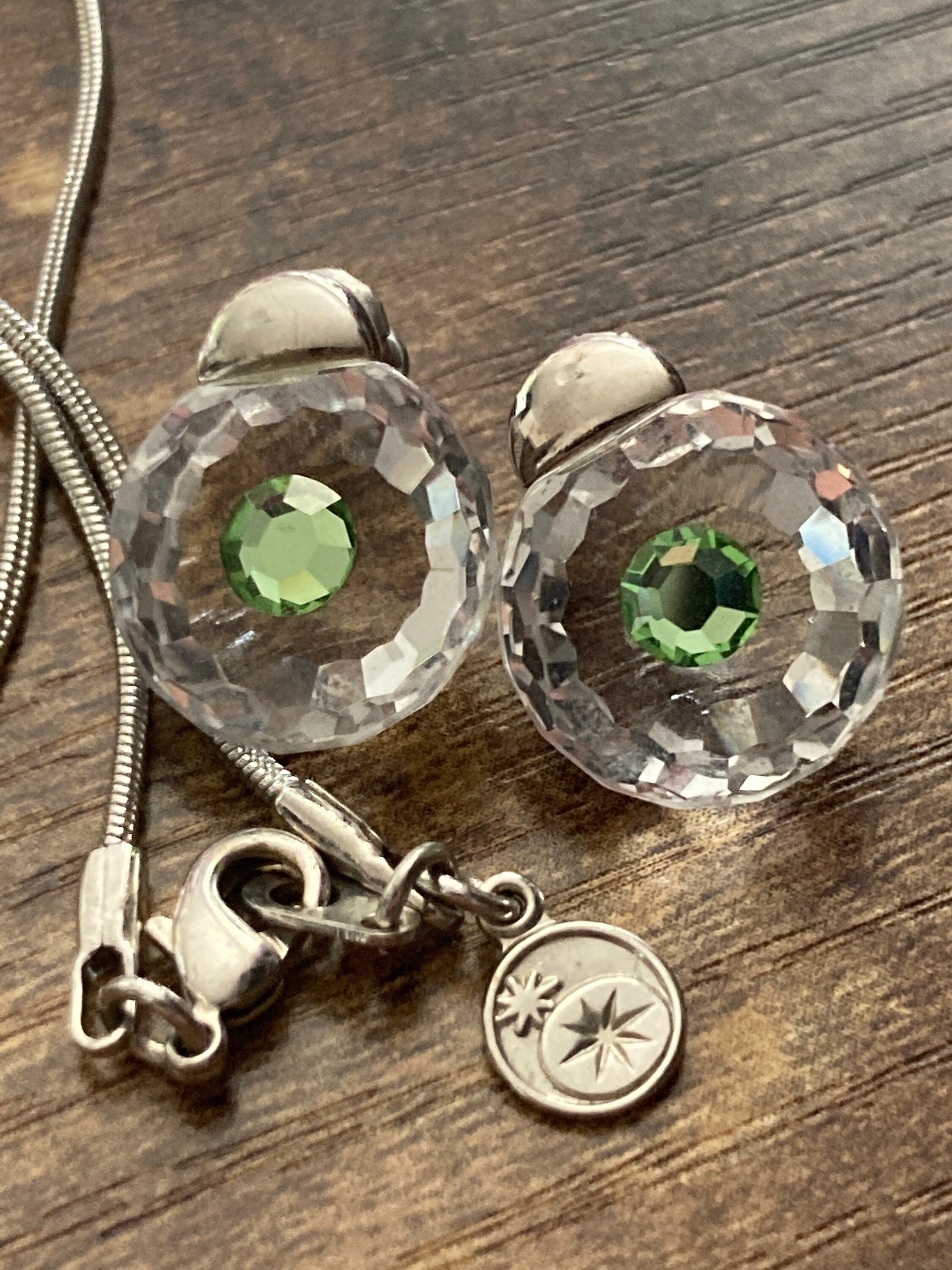 Retro czech made signed PRECIOSA rhodium plated clear and peridot green crystal pendant necklace & matching stud earrings for pierced ears
