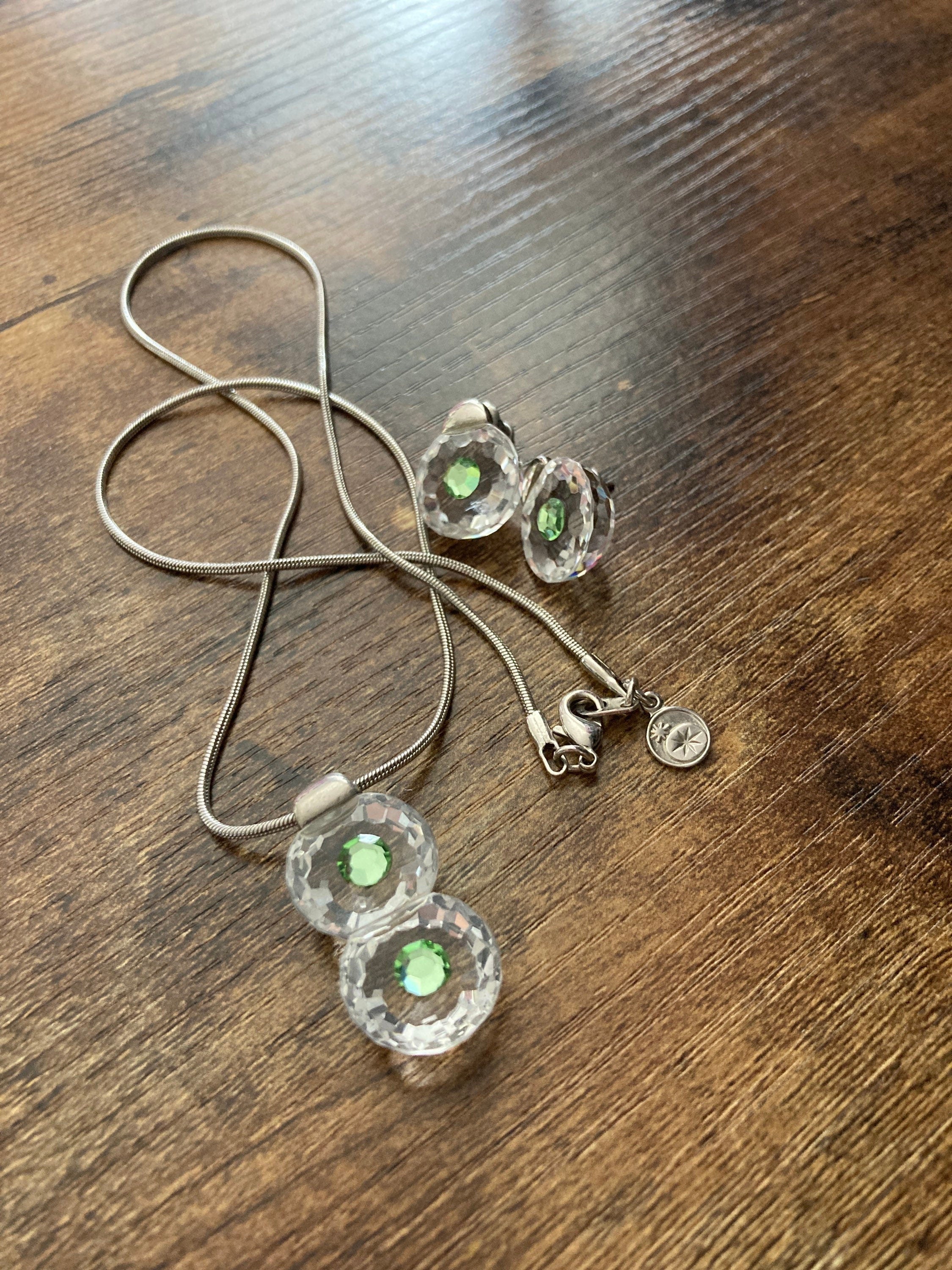 Retro czech made signed PRECIOSA rhodium plated clear and peridot green crystal pendant necklace & matching stud earrings for pierced ears