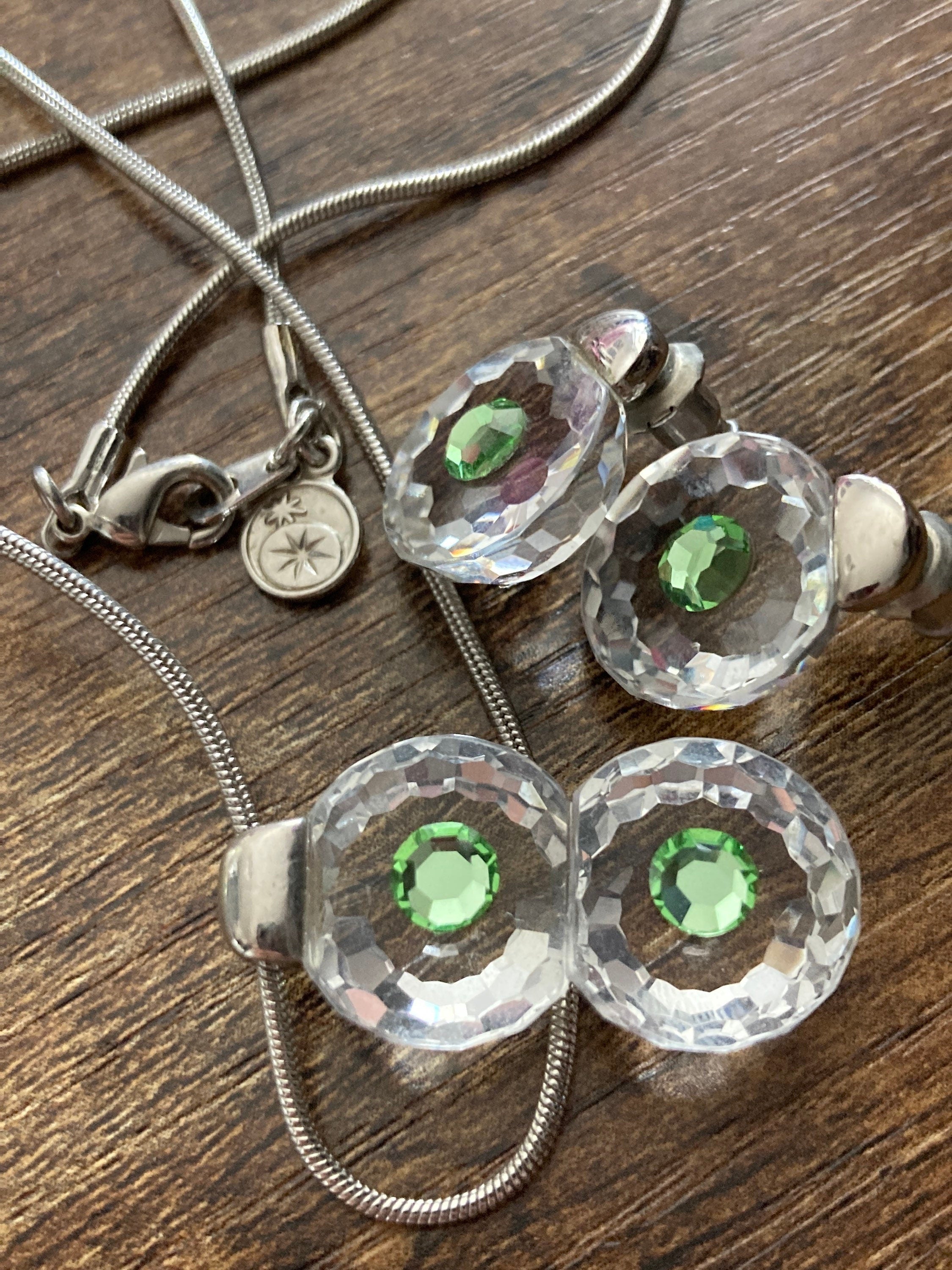 Retro czech made signed PRECIOSA rhodium plated clear and peridot green crystal pendant necklace & matching stud earrings for pierced ears