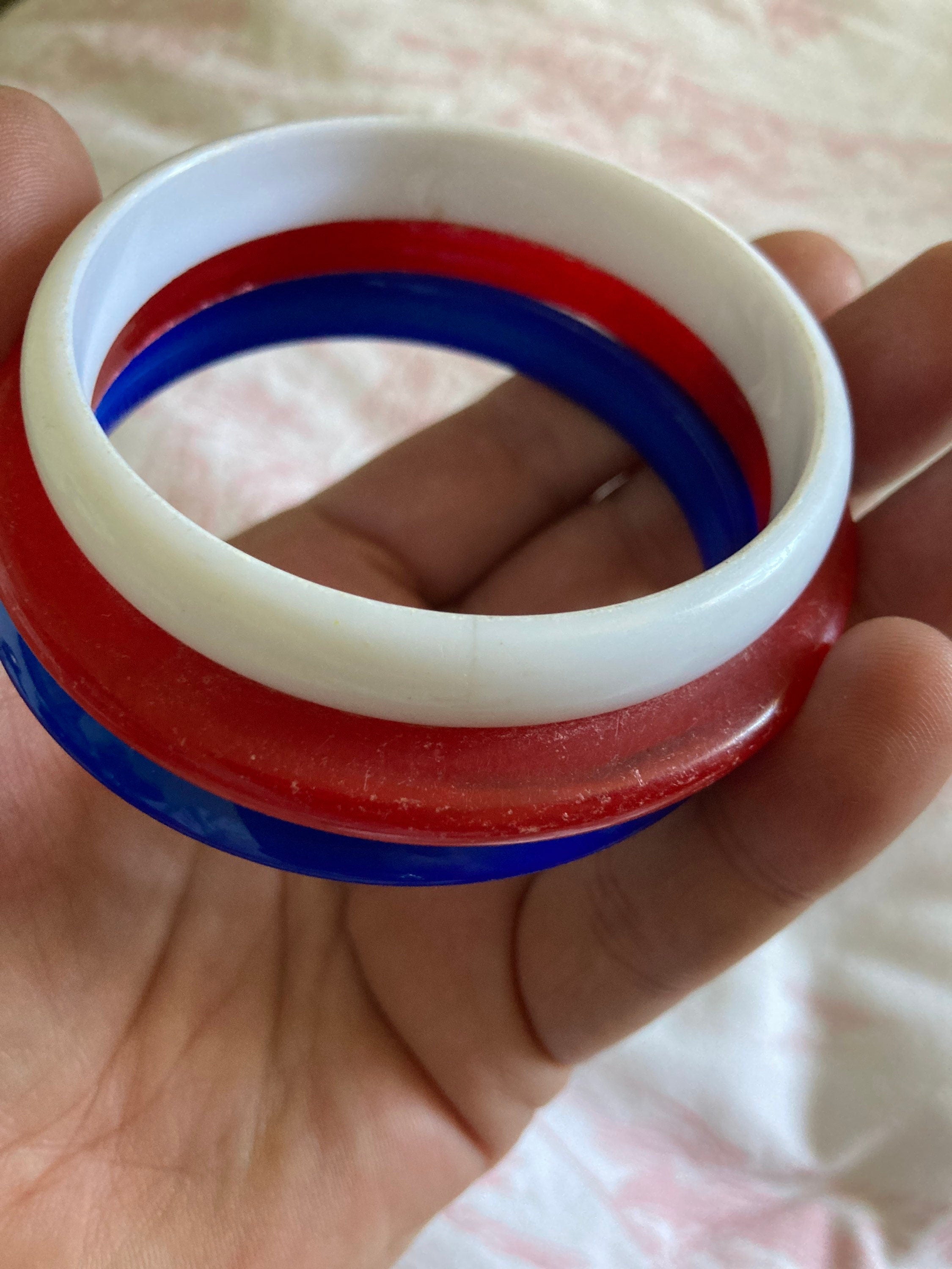 Slim wrist RED WHITE BLUE stack of vintage plastic bangles