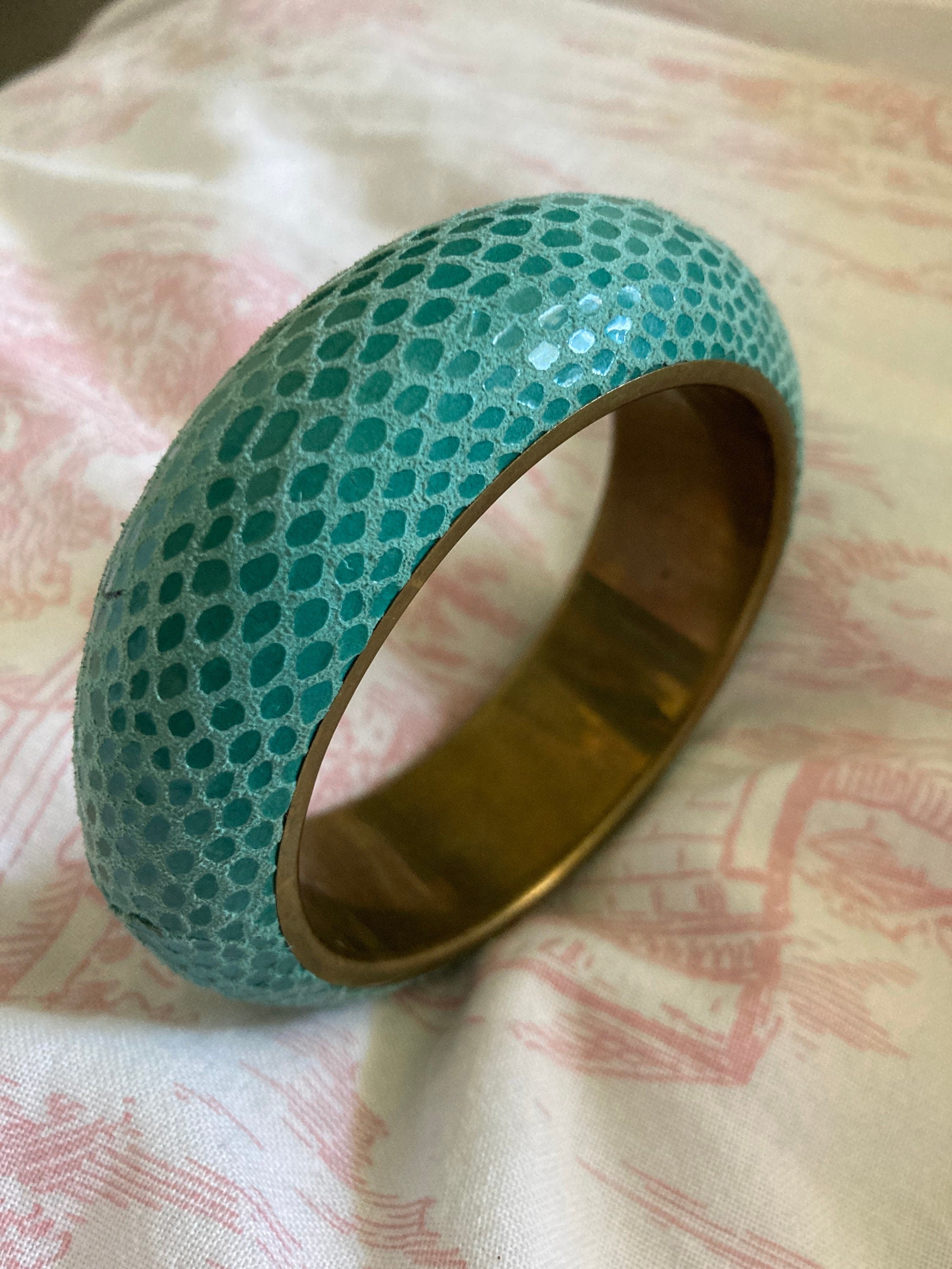 Faux shagreen green brass wide cuff bangle