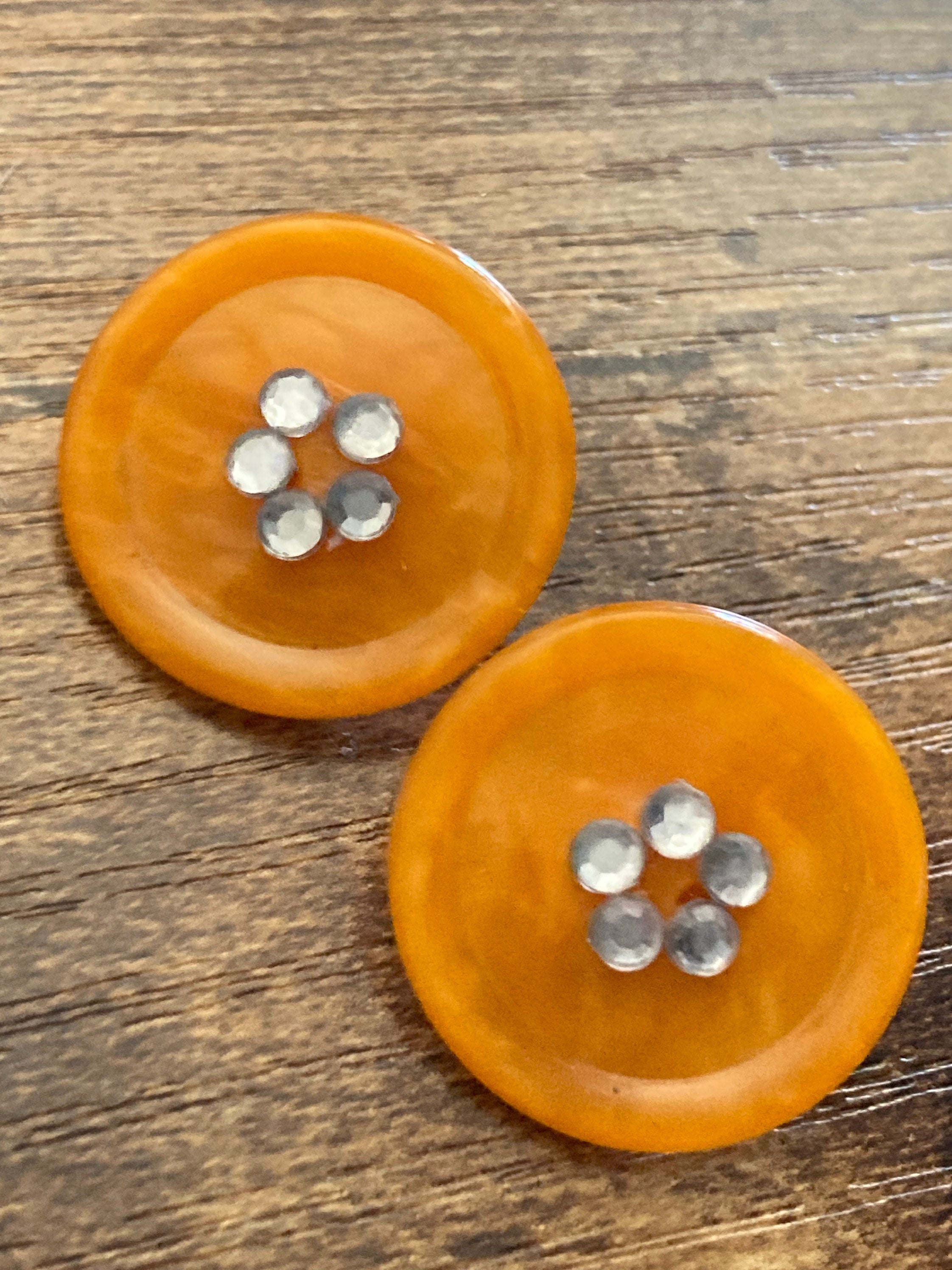 Vintage 1960s Funky tangerine orange plastic Diamanté button Clip On Earrings