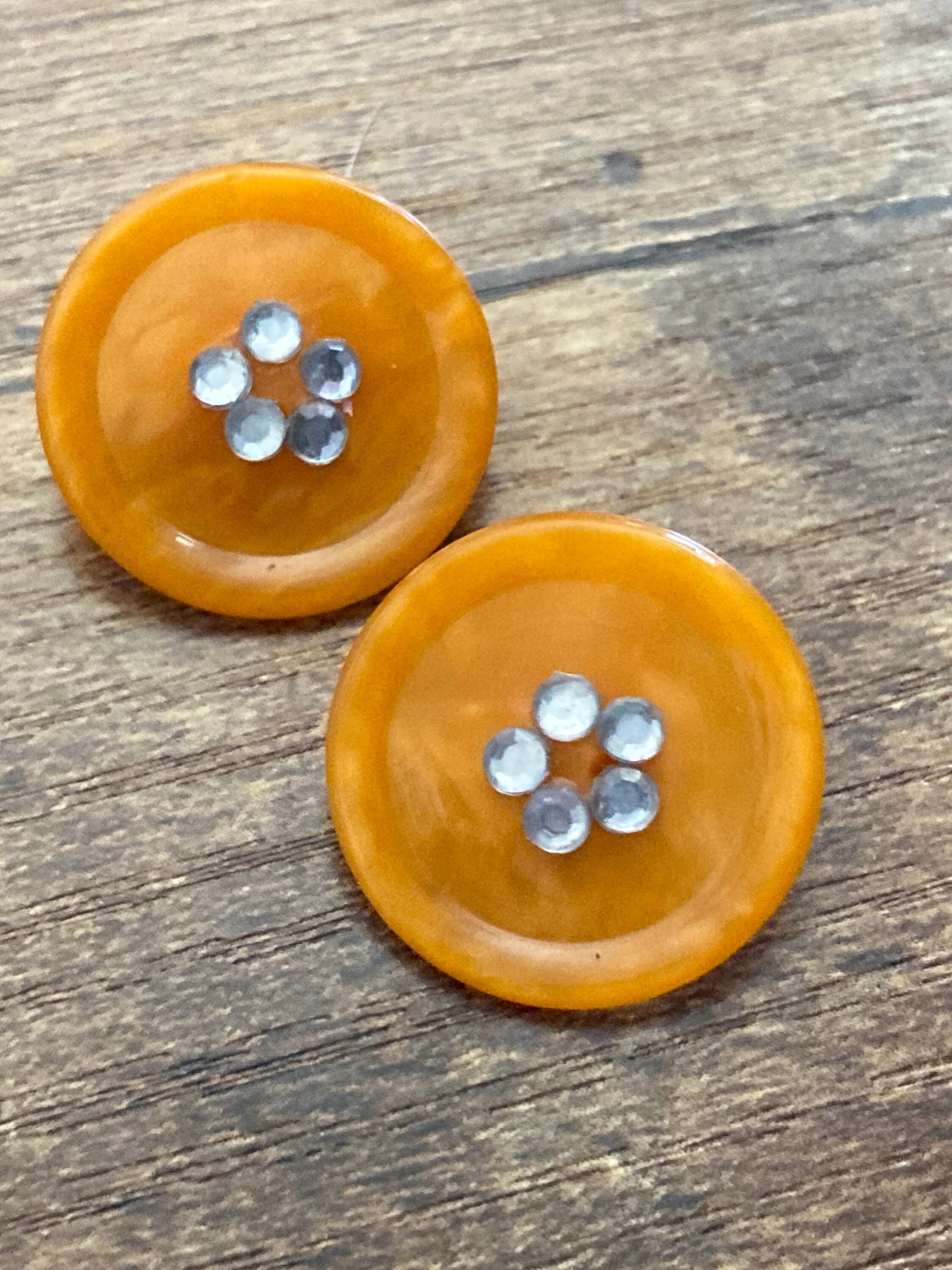 Vintage 1960s Funky tangerine orange plastic Diamanté button Clip On Earrings
