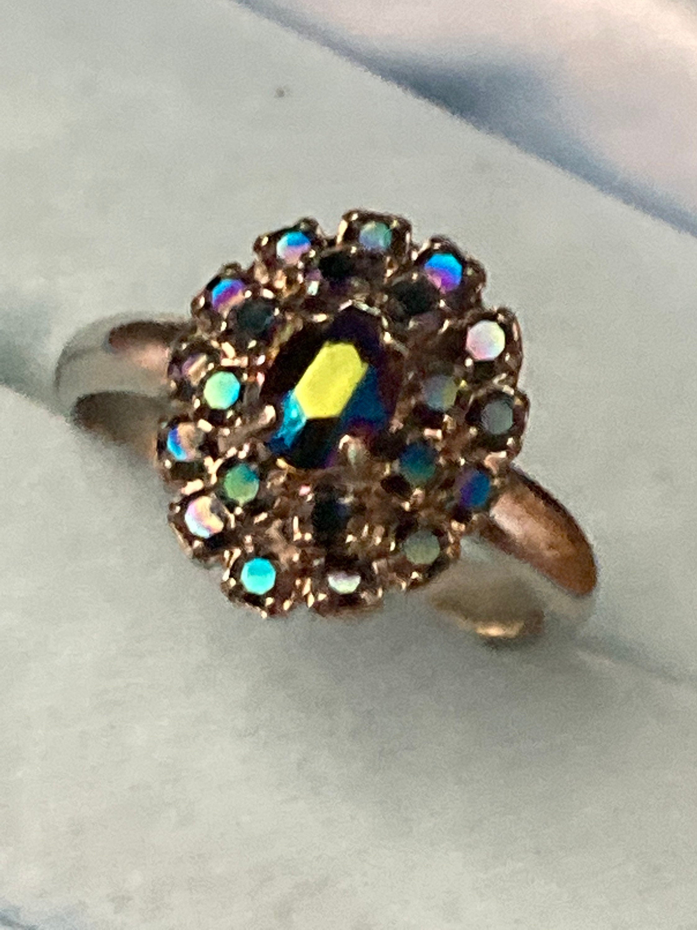 Vintage Aurora Borealis Glass Cluster Ring - Adjustable Silver Tone