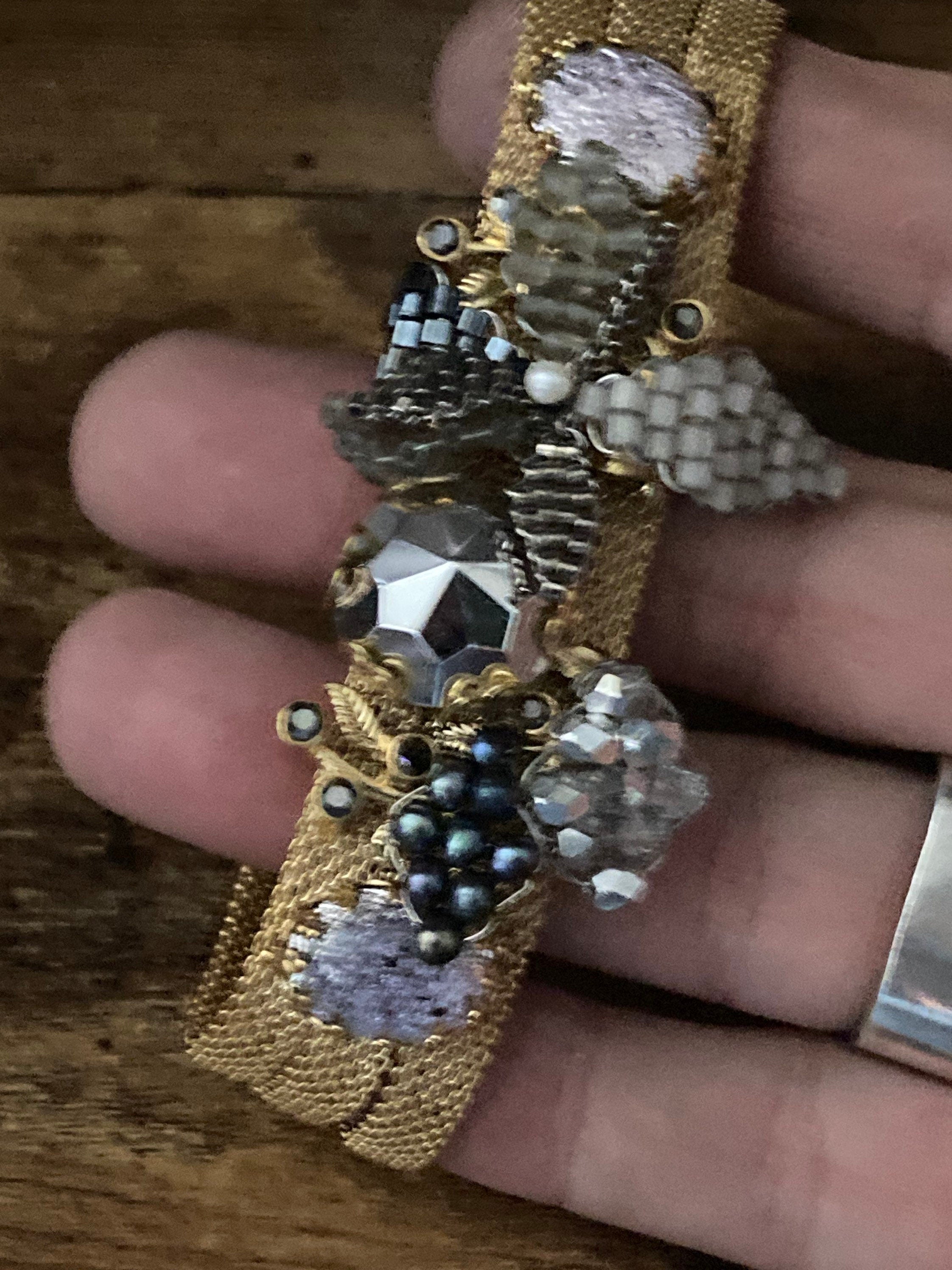 gold tone MESH wide beaded cabochon bracelet Art Deco Vintage