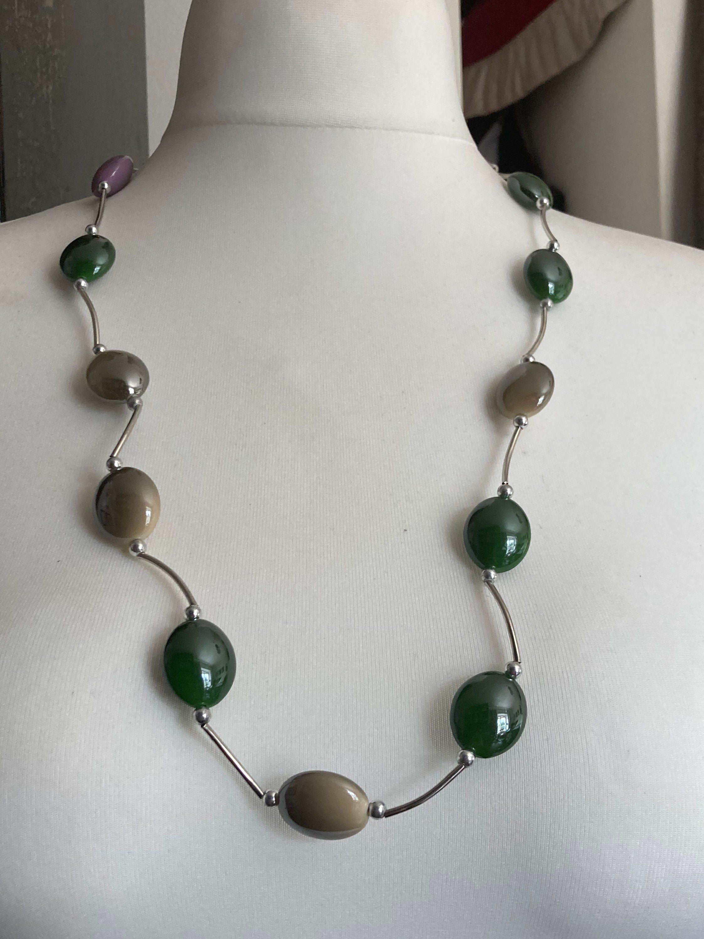 Vintage green purple and silver plastic pebble beaded necklace 84cm long