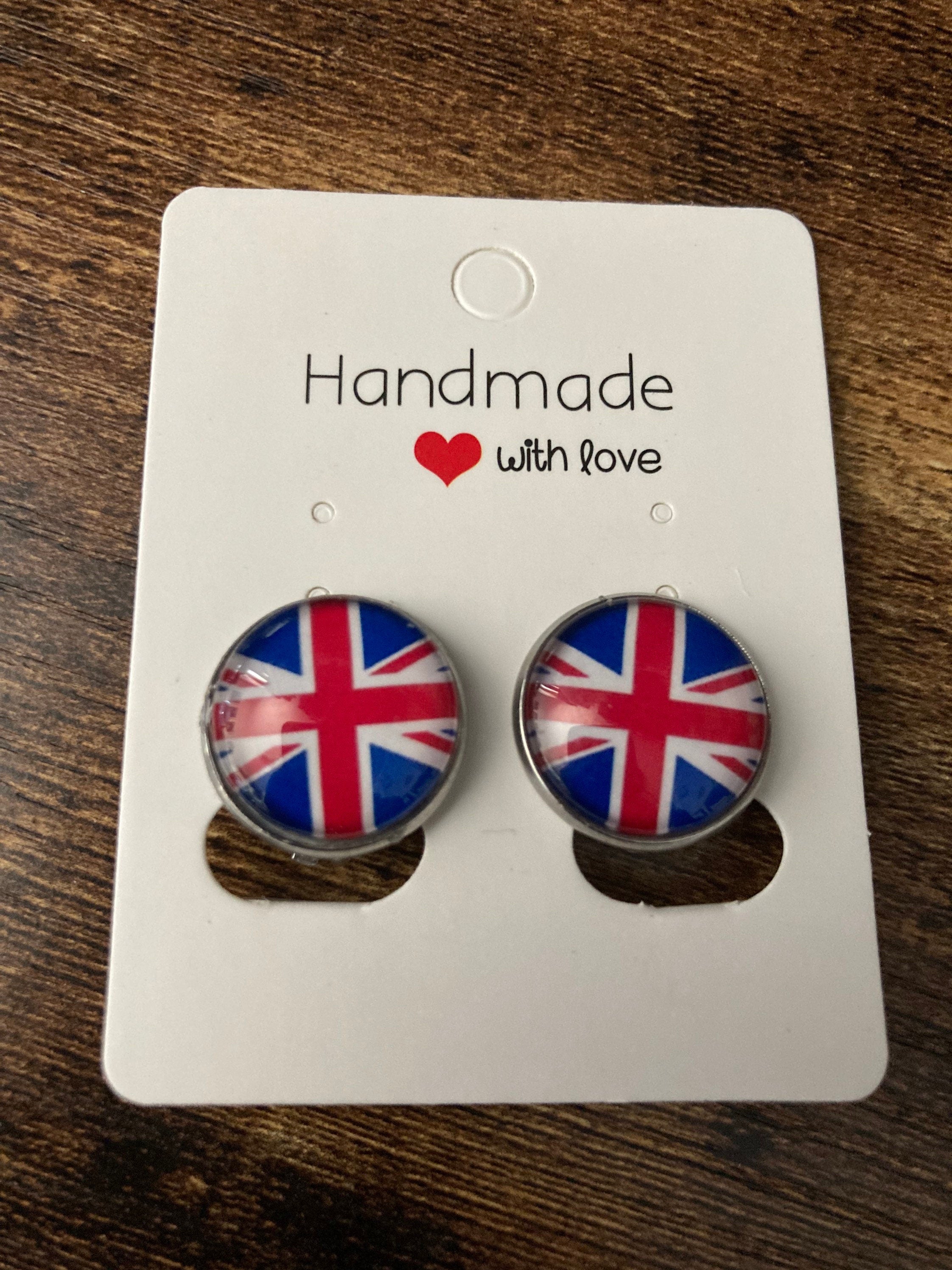 clip on Union Jack earrings round silver tone clip on studs glass cabochons