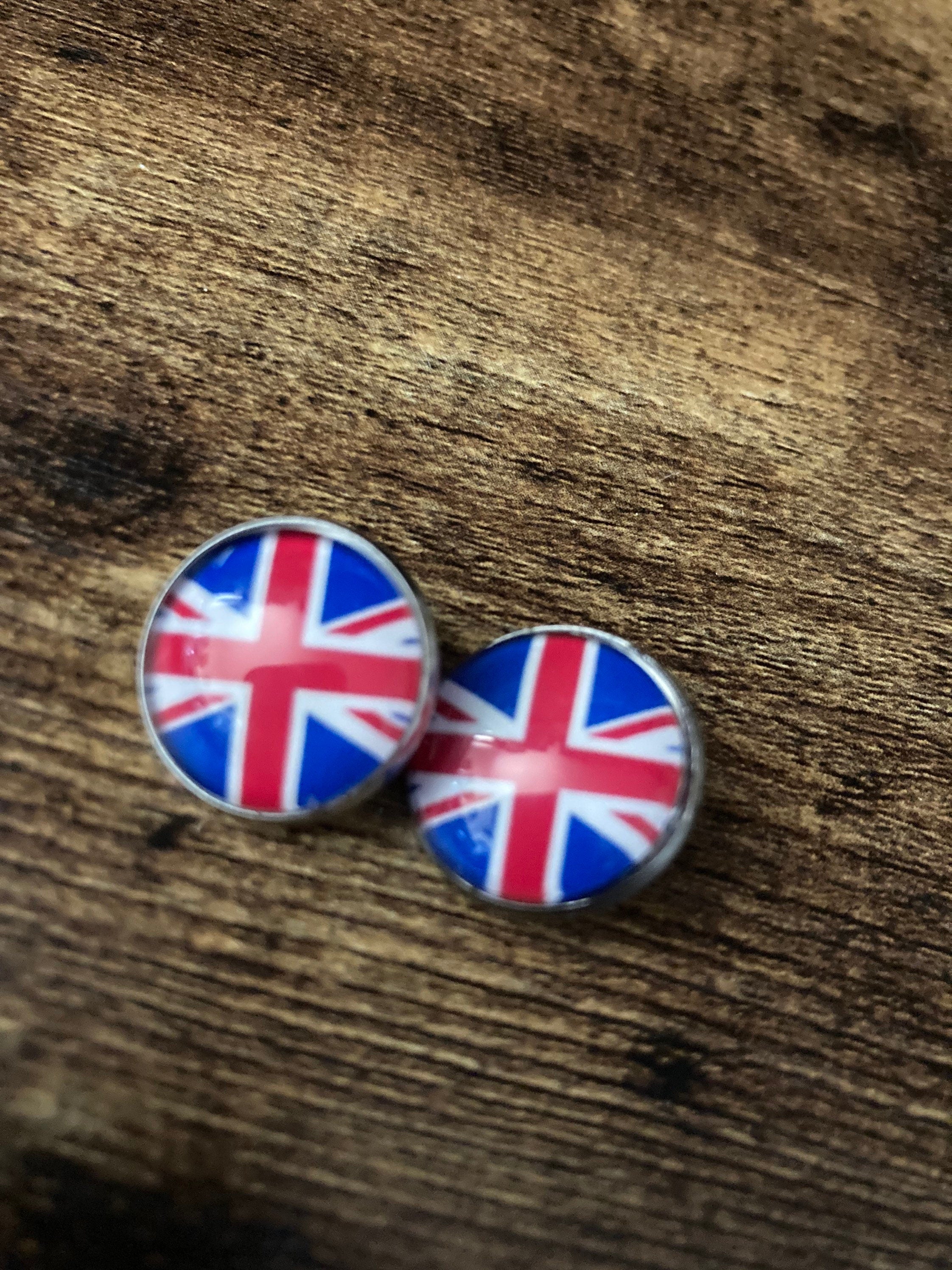 clip on Union Jack earrings round silver tone clip on studs glass cabochons