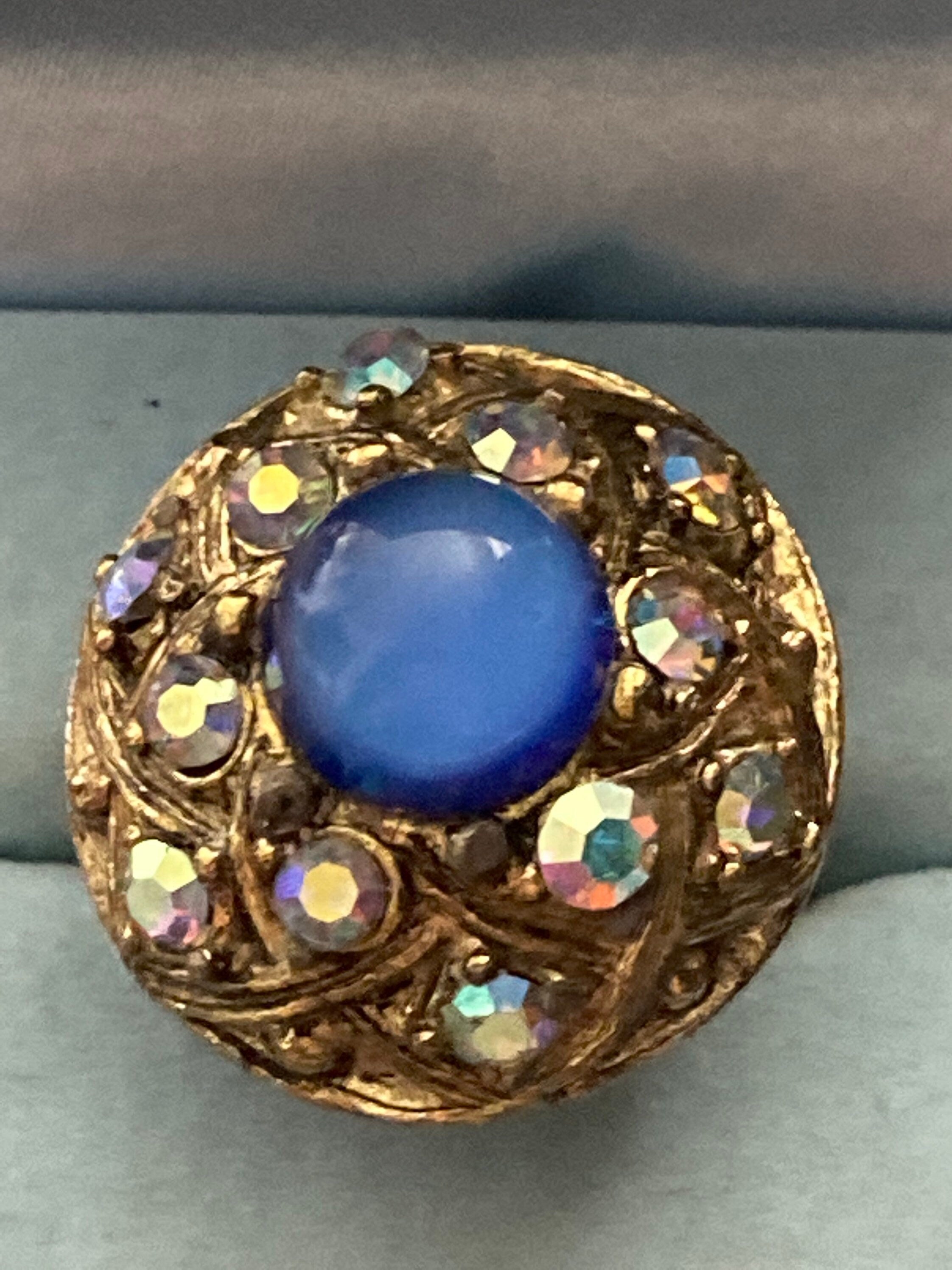 Adjustable Oversized gold tone AB aurora borealis paste set cluster ring