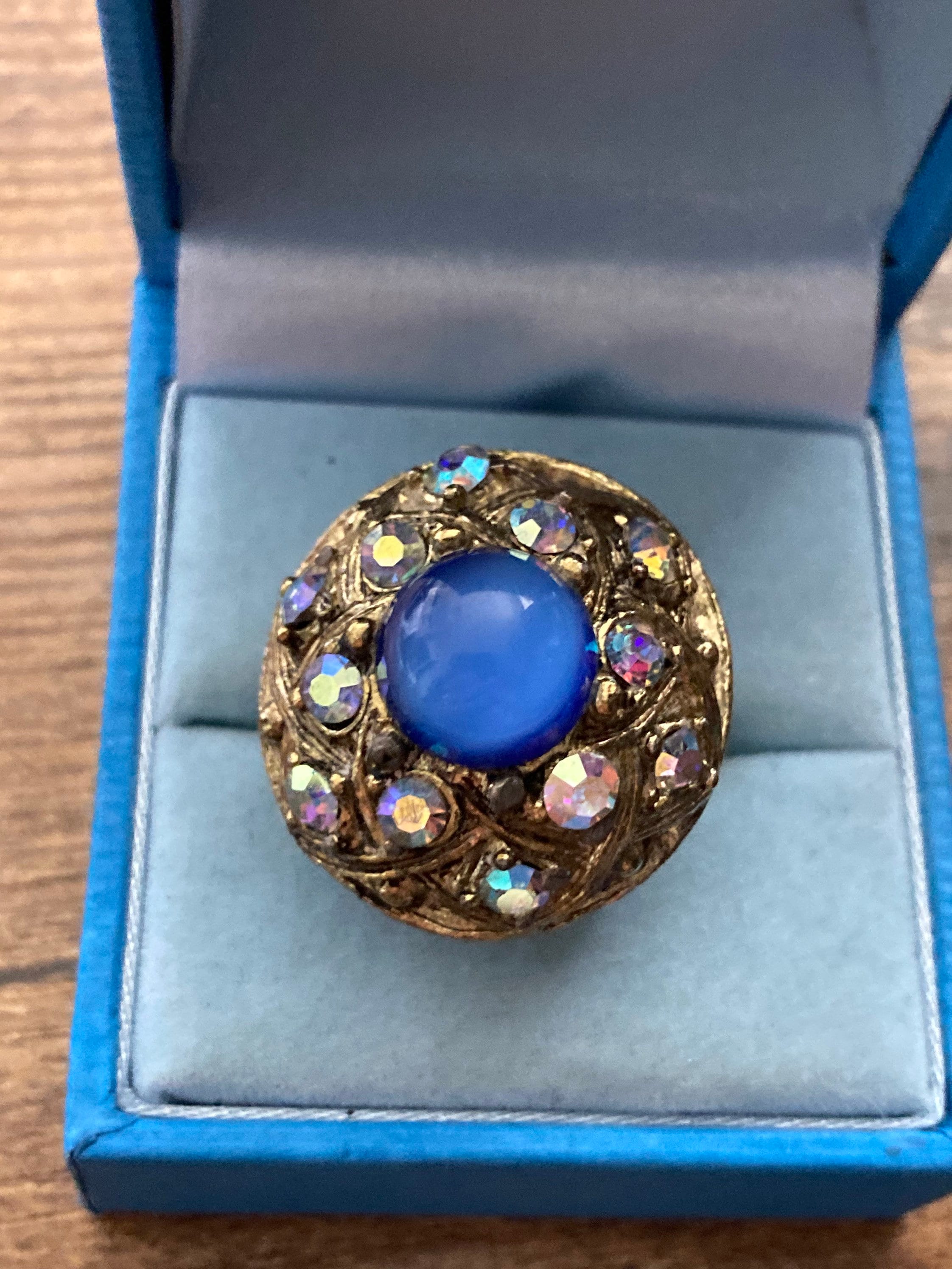 Adjustable Oversized gold tone AB aurora borealis paste set cluster ring