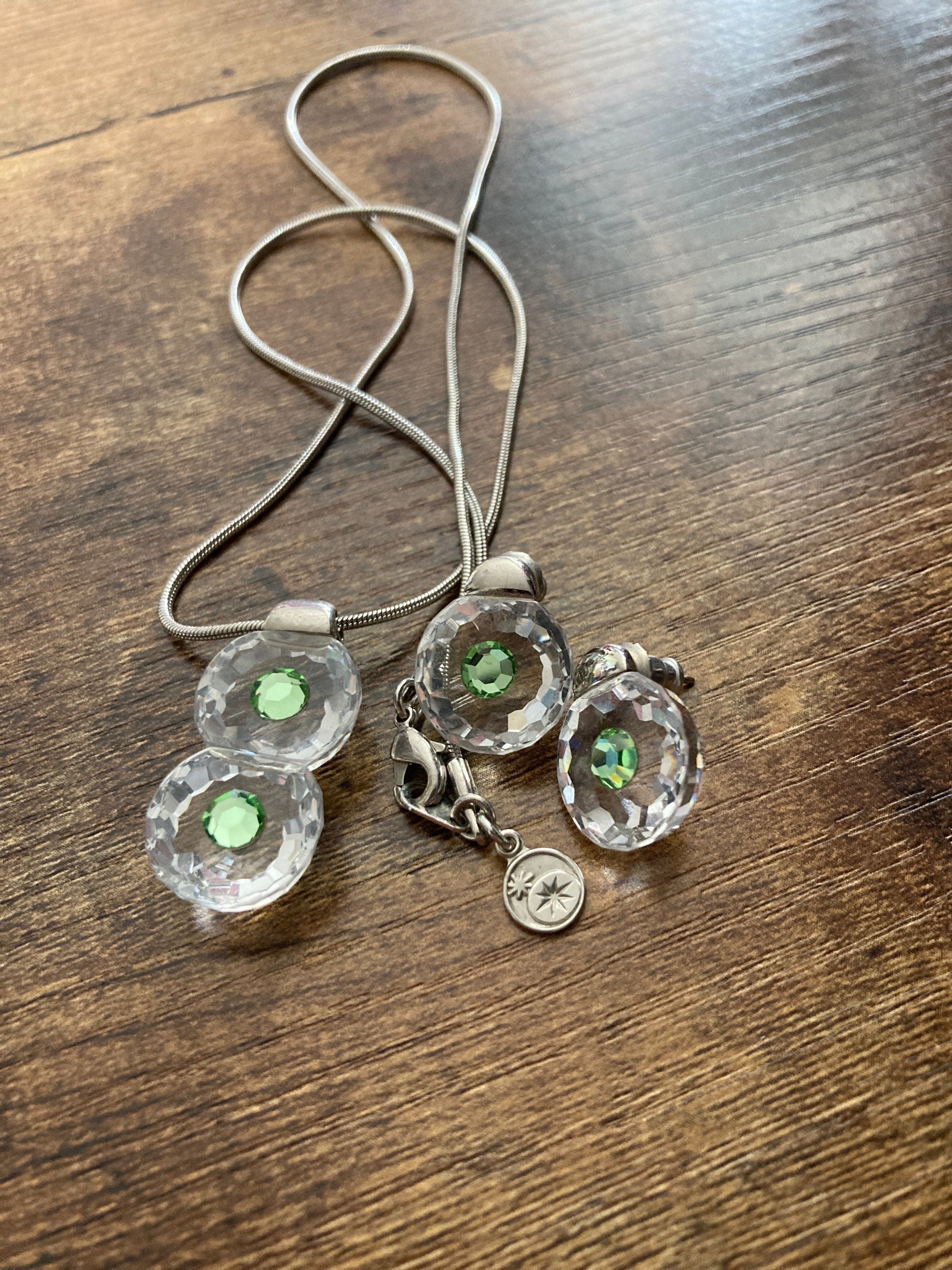 Retro czech made signed PRECIOSA rhodium plated clear and peridot green crystal pendant necklace & matching stud earrings for pierced ears