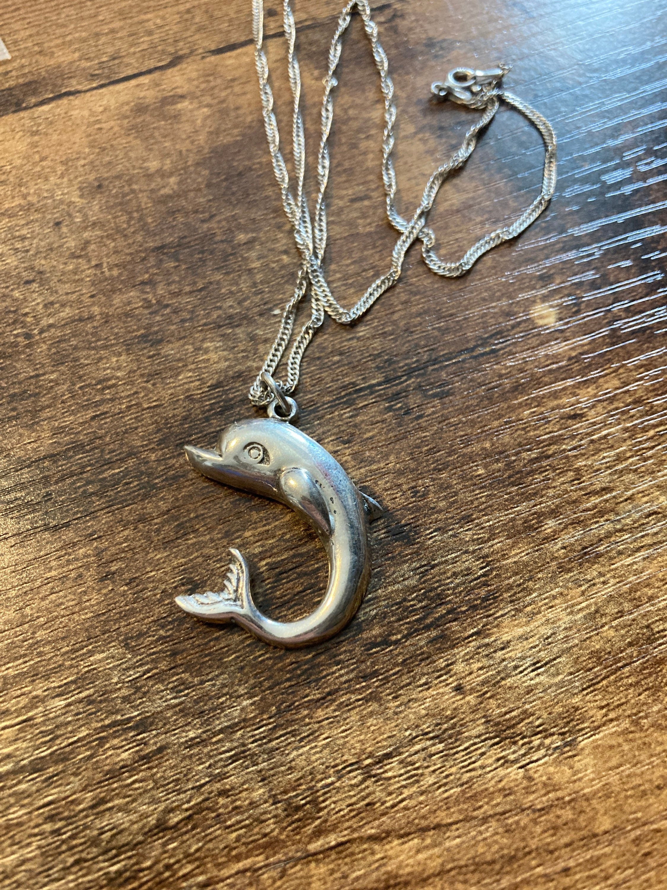 retro 925 Sterling silver DOLPHIN pendant necklace