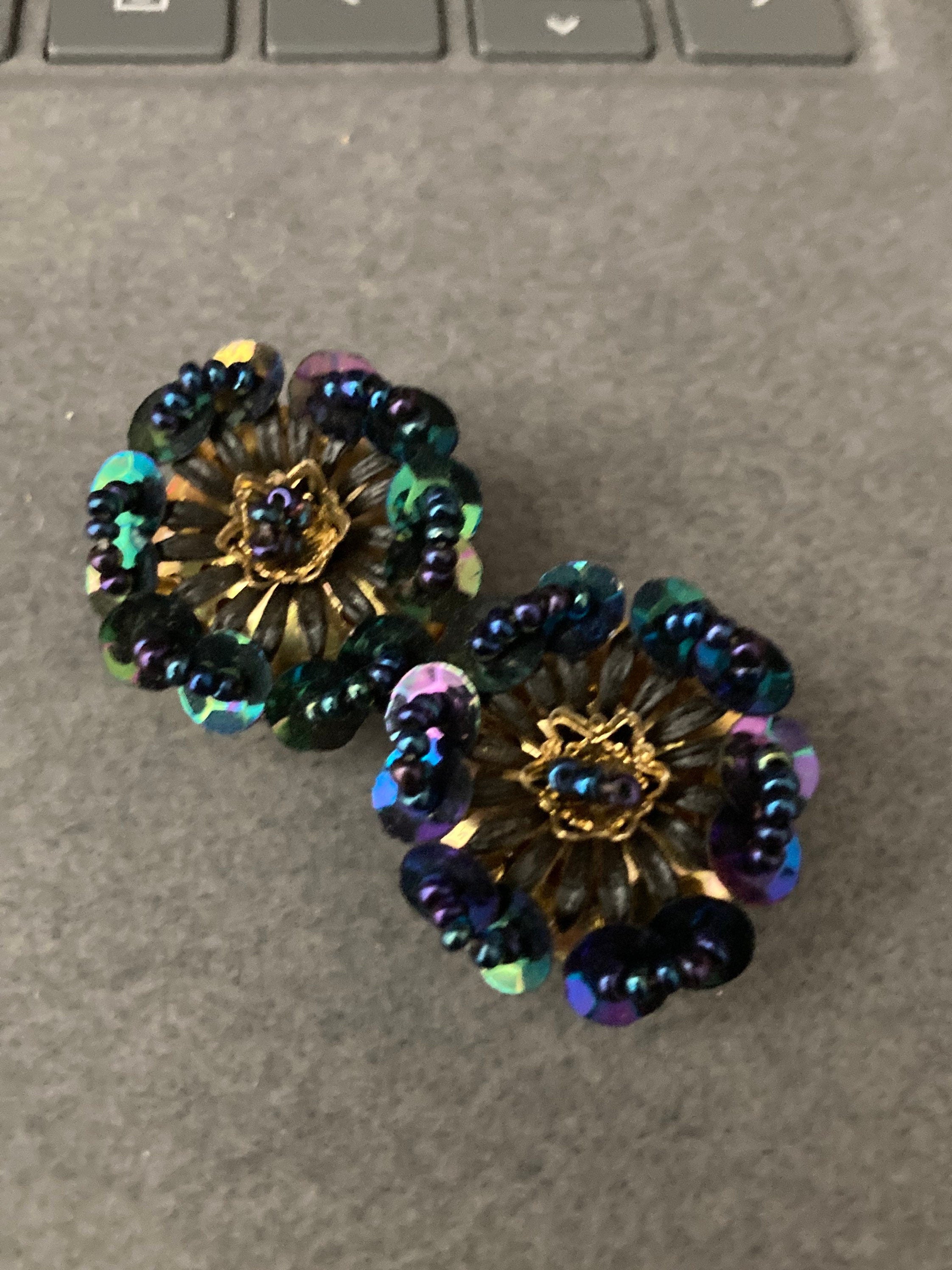 Vintage dark blue sequin and bead floral flower Clip On Earrings