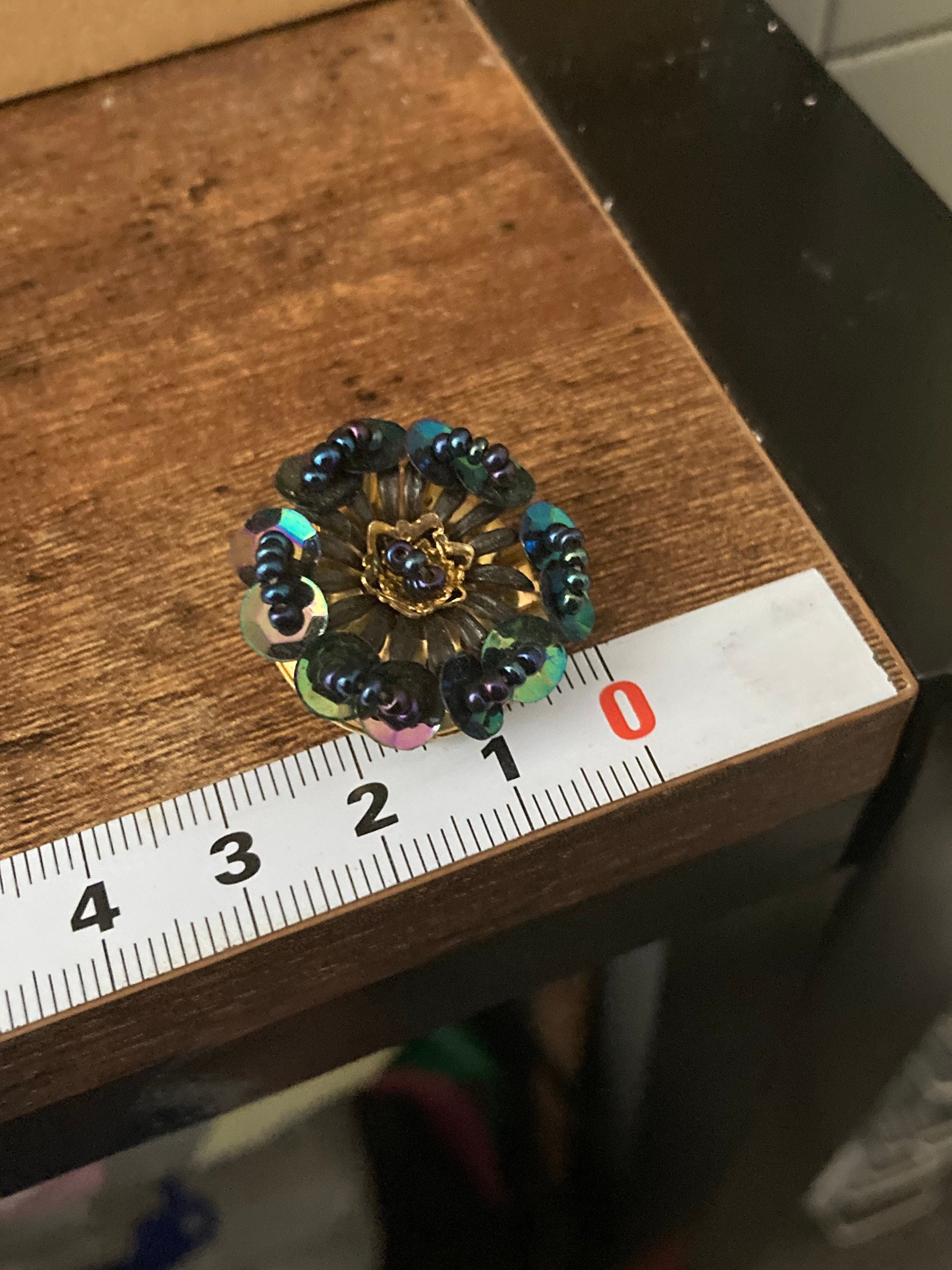 Vintage dark blue sequin and bead floral flower Clip On Earrings