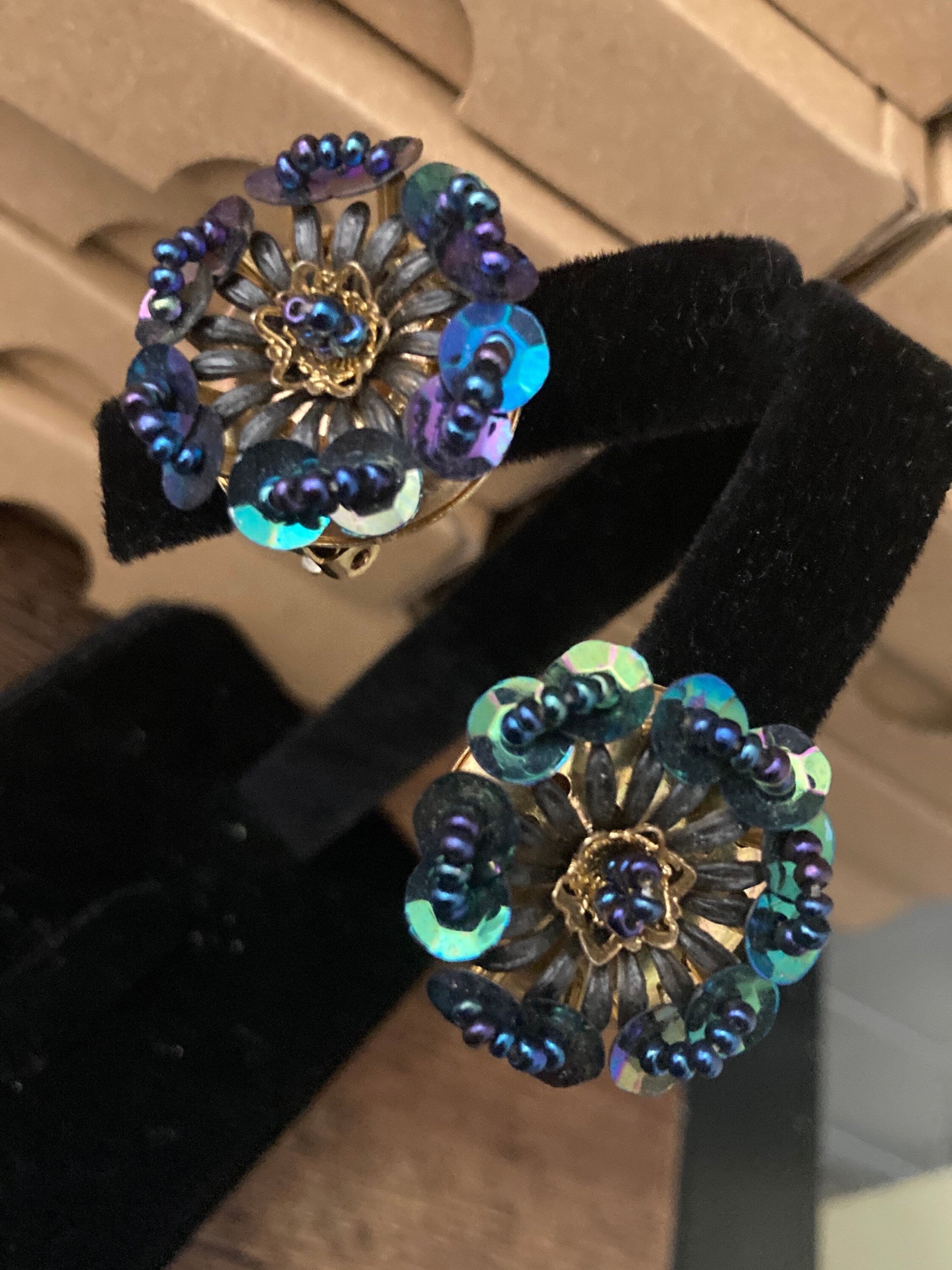 Vintage dark blue sequin and bead floral flower Clip On Earrings