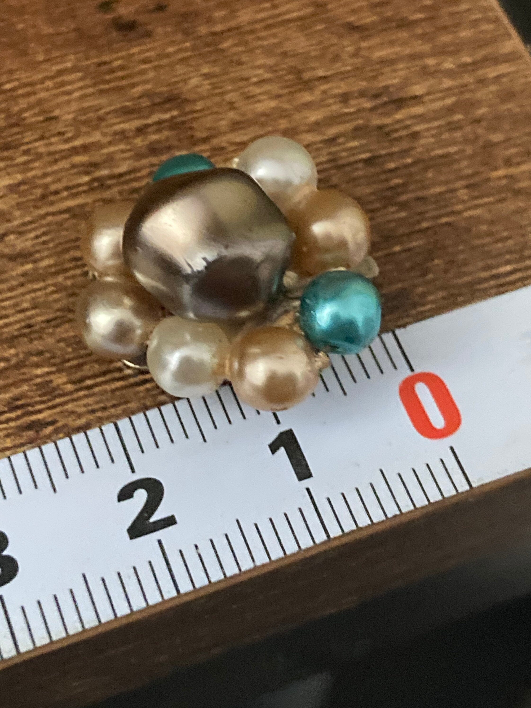 Vintage brown teal pink faux pearl glass beaded Cluster Clip On Earrings